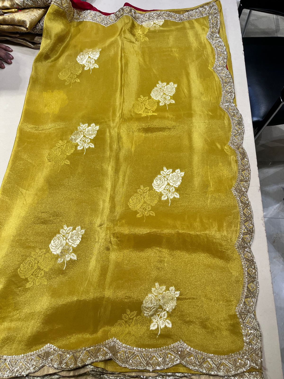 Olive Green Tissue Silk Saree with Silver Zardozi Floral Sprigs & Scalloped Cutwork Border