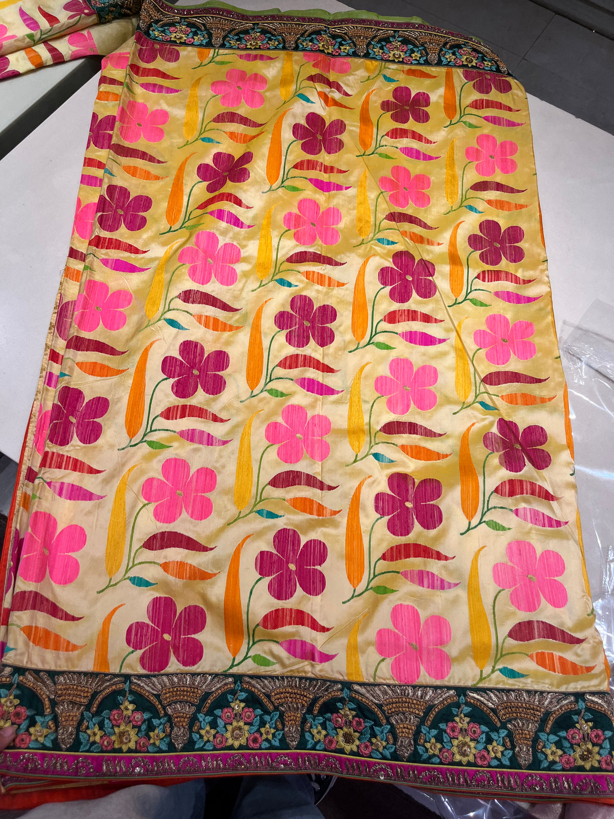 Beige Geometric Printed Silk Saree