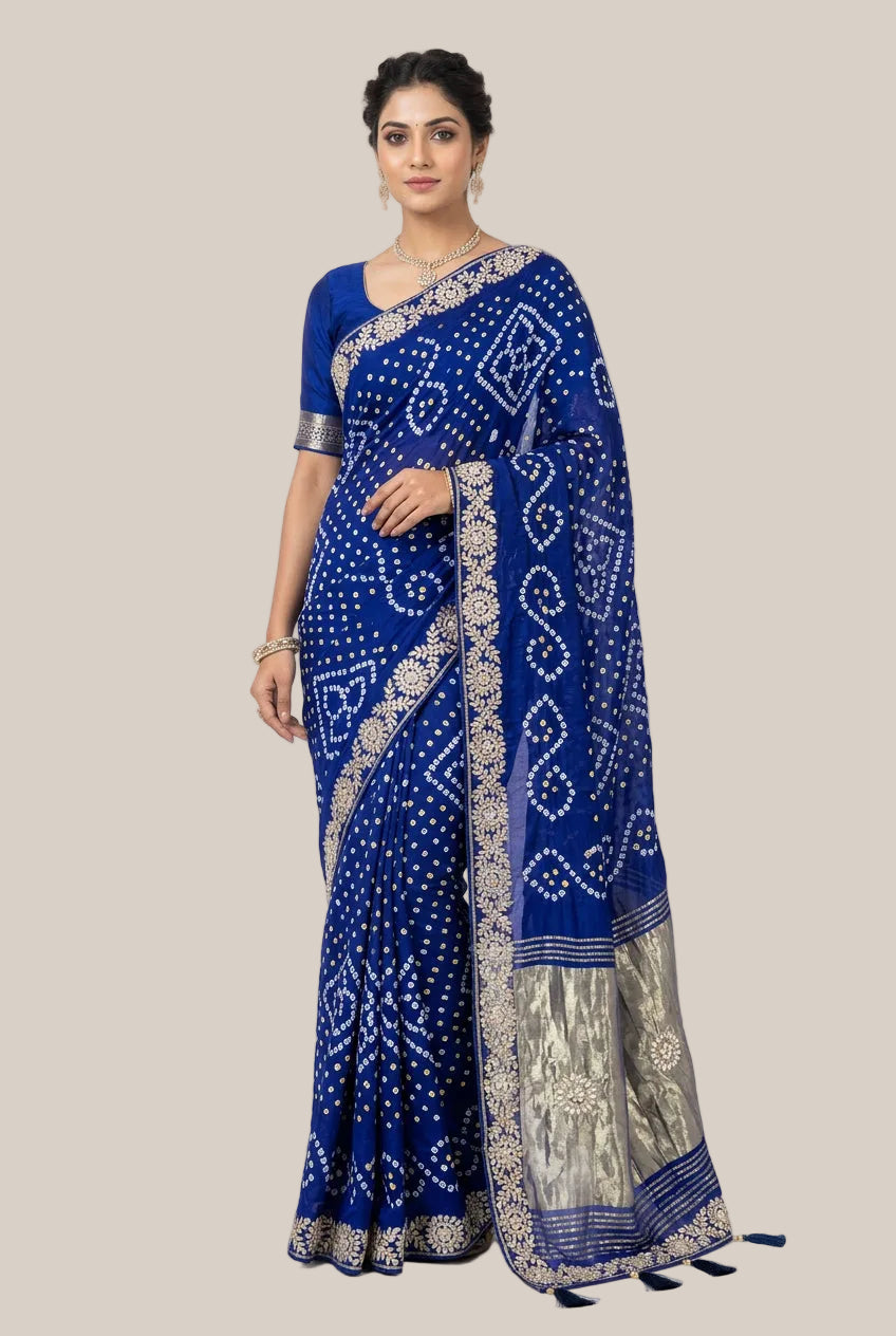 Royal Blue Silk Bandhani Saree with Gold Zari Check Grid & Embroidered Border
