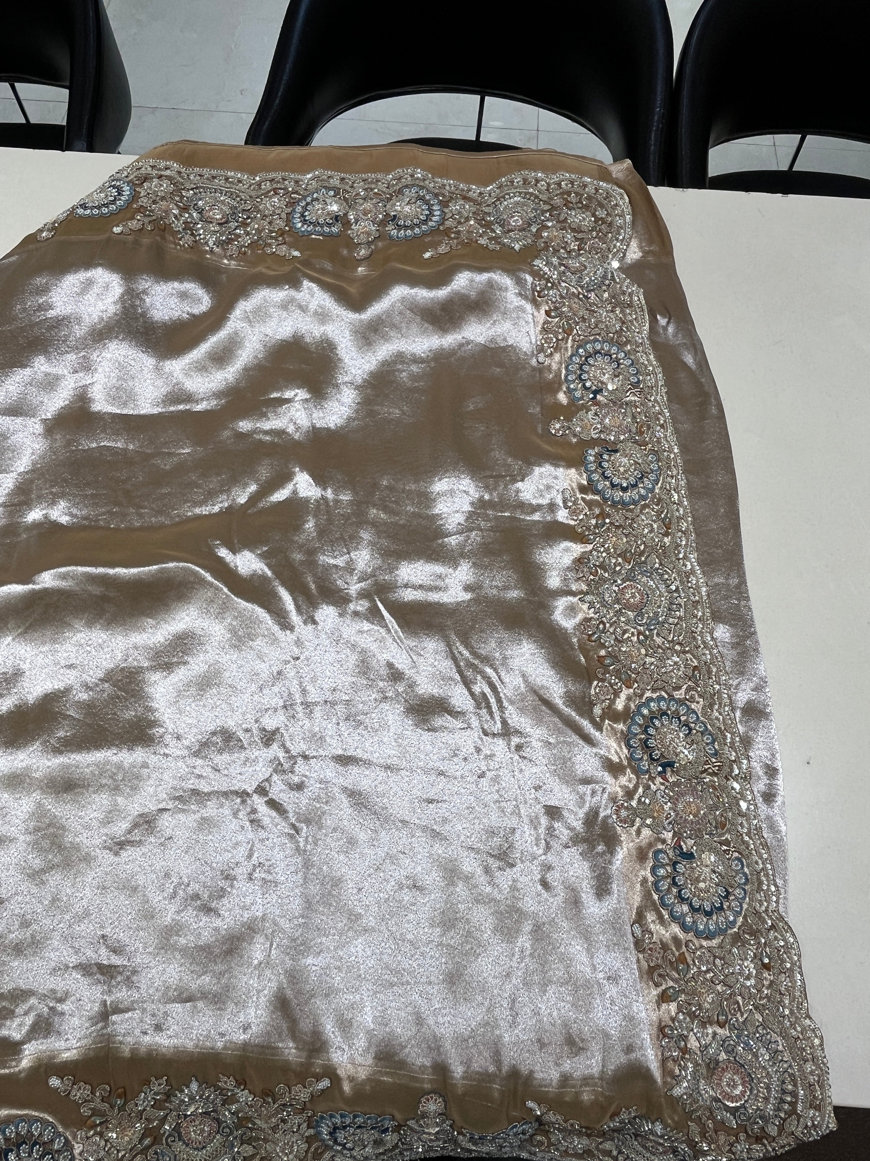 Warm Taupe Beige Silk Tissue Saree with Gold Zardozi & Teal Paisley Embroidery Secondary image