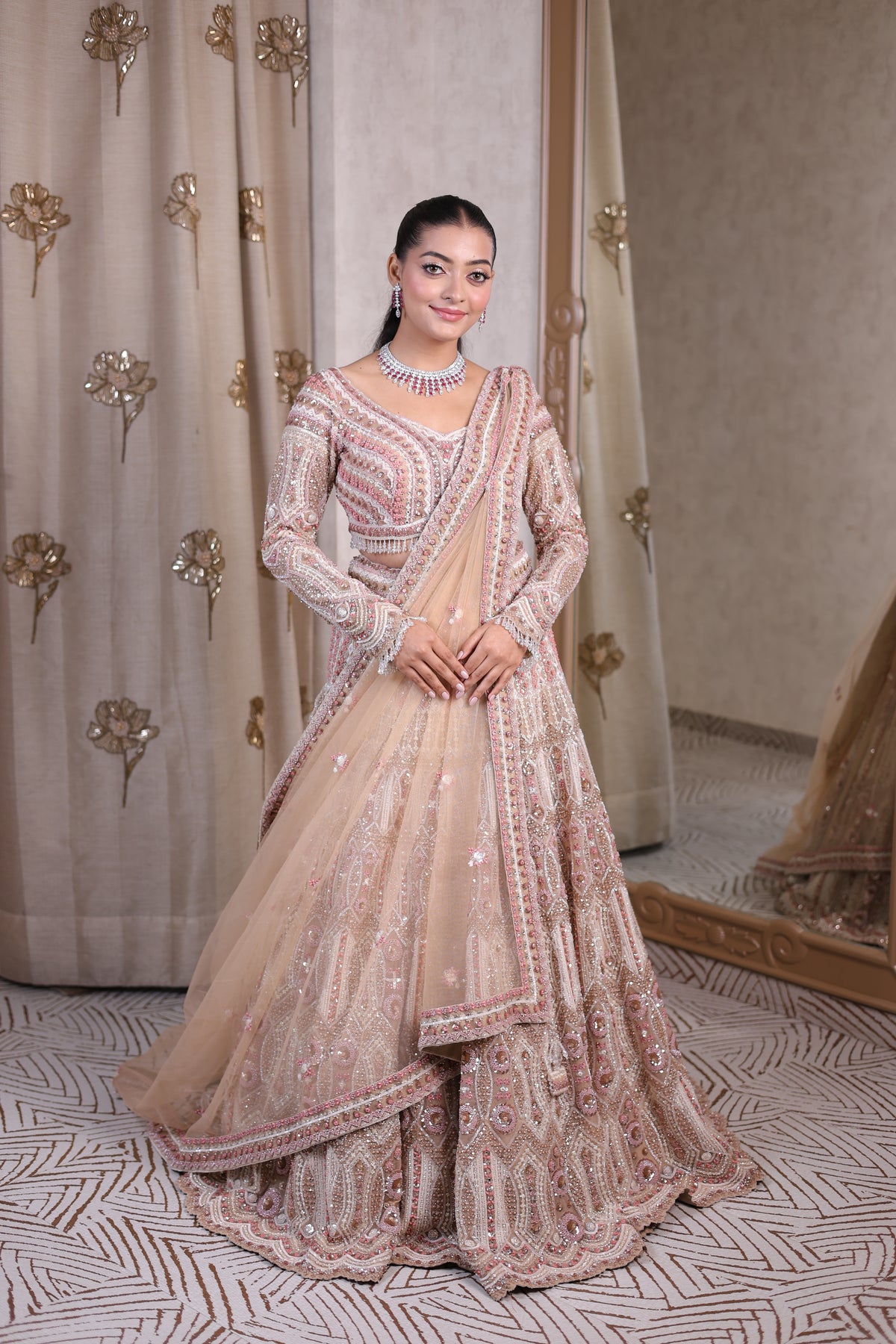 Peach Net Lehenga with Heavy Embroidery & Sequin Work
