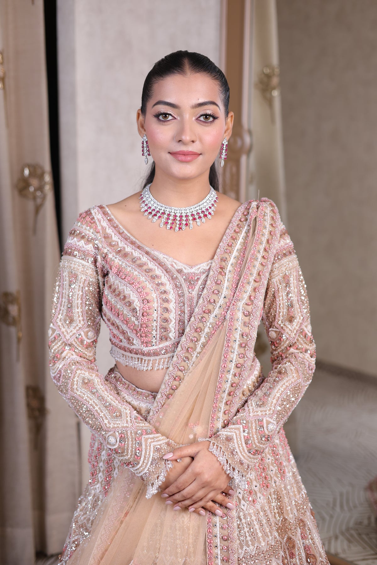 Peach Net Lehenga with Heavy Embroidery & Sequin Work