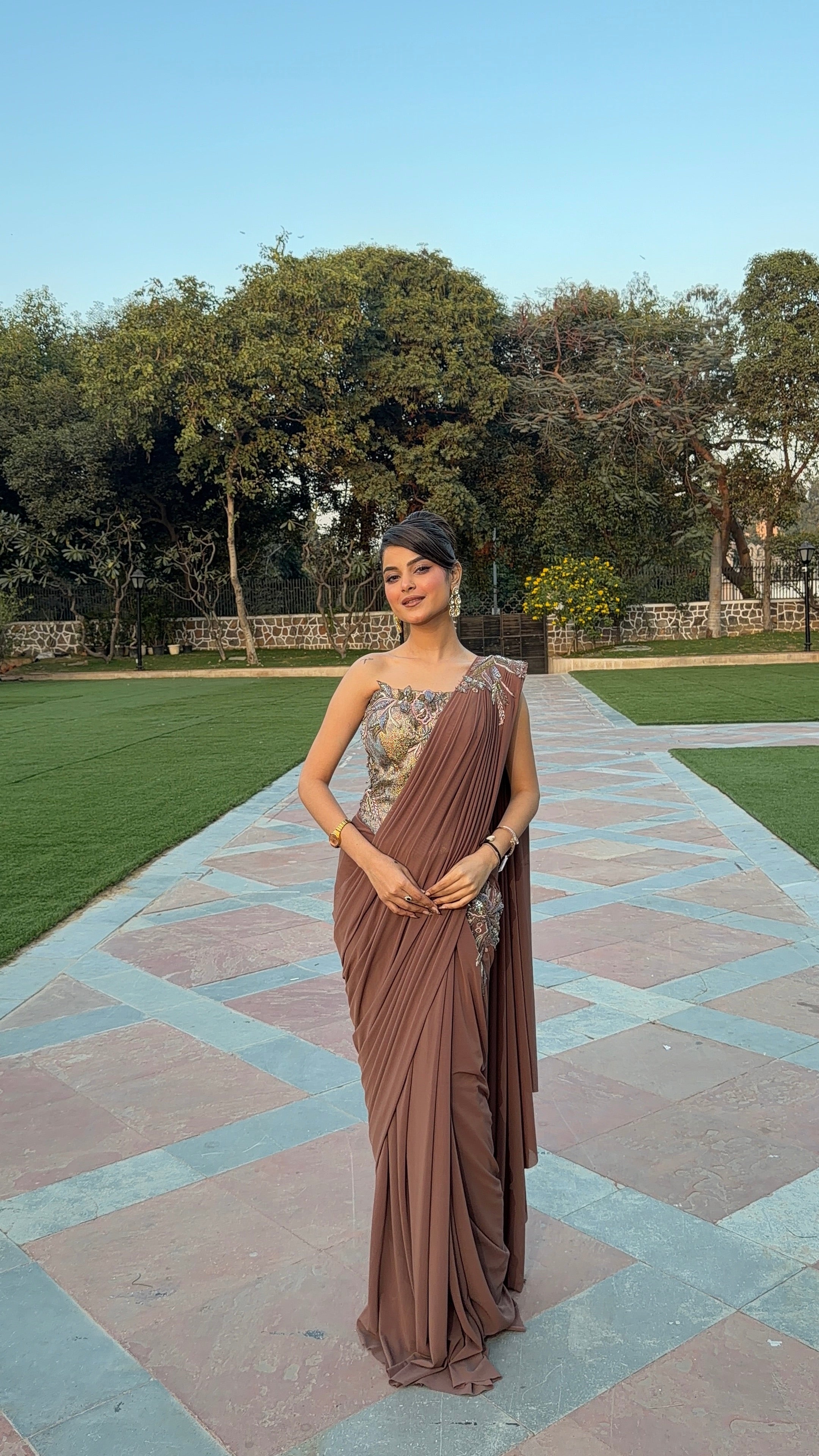 Muted chocolate Drape Saree Secondary image
