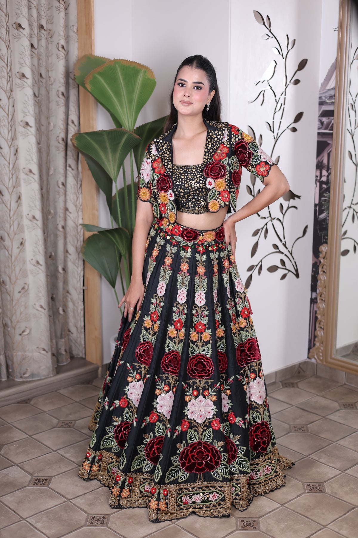 Black Floral Embroidered Lehenga with Designer Jacket