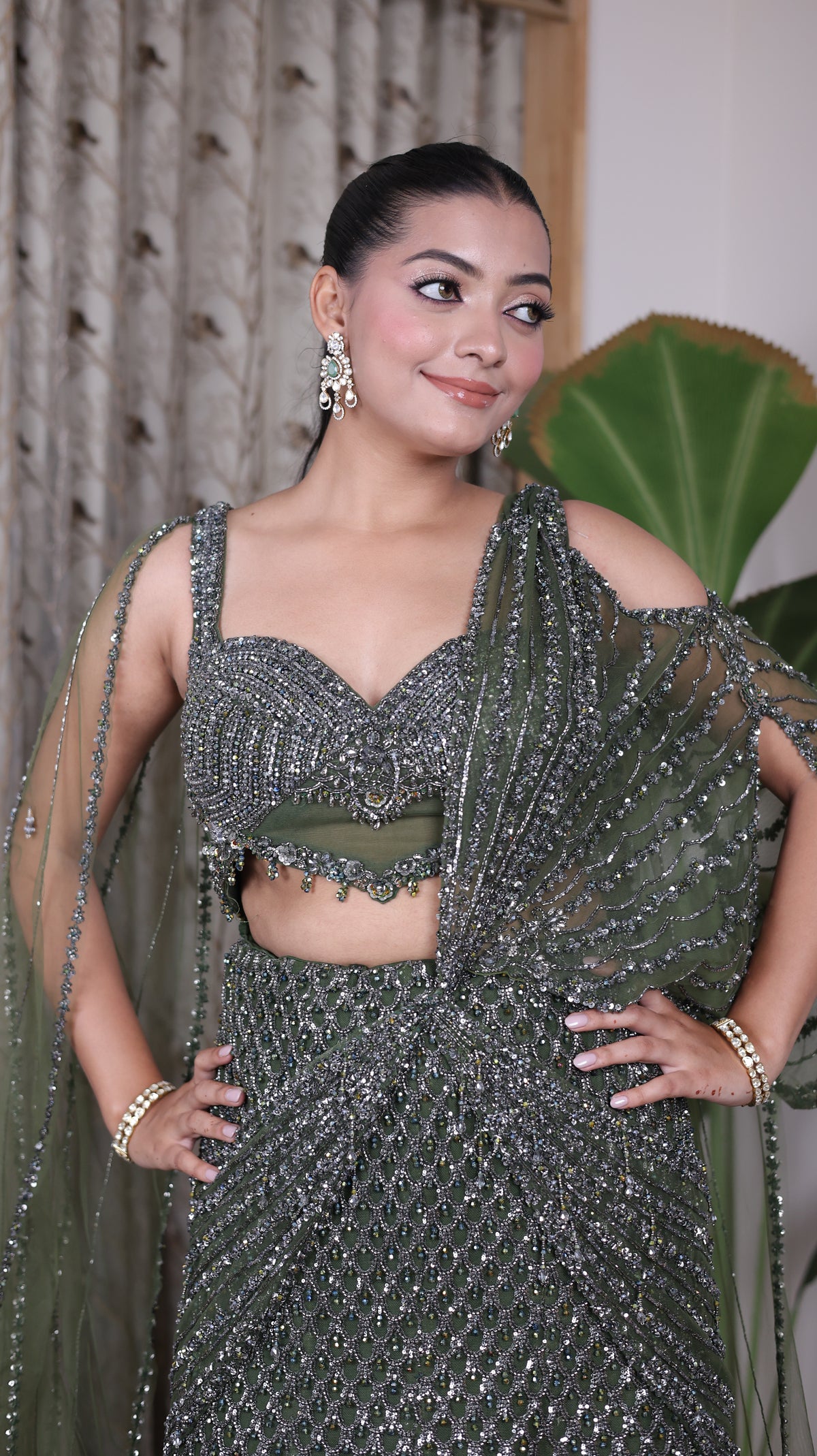 Green Net Saree with Heavy Sequin Embroidery and Designer Blouse