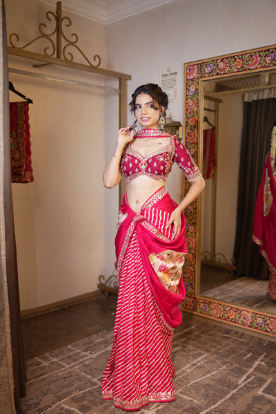 Hot Pink & Gold Leheriya Concept Saree (VDS4315 R-56)