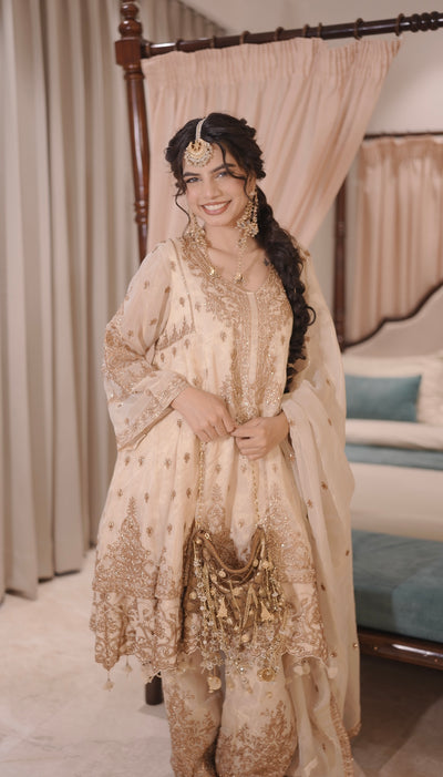 Ivory & Gold Tiered Anarkali Sharara Set (KRESHA M-91)