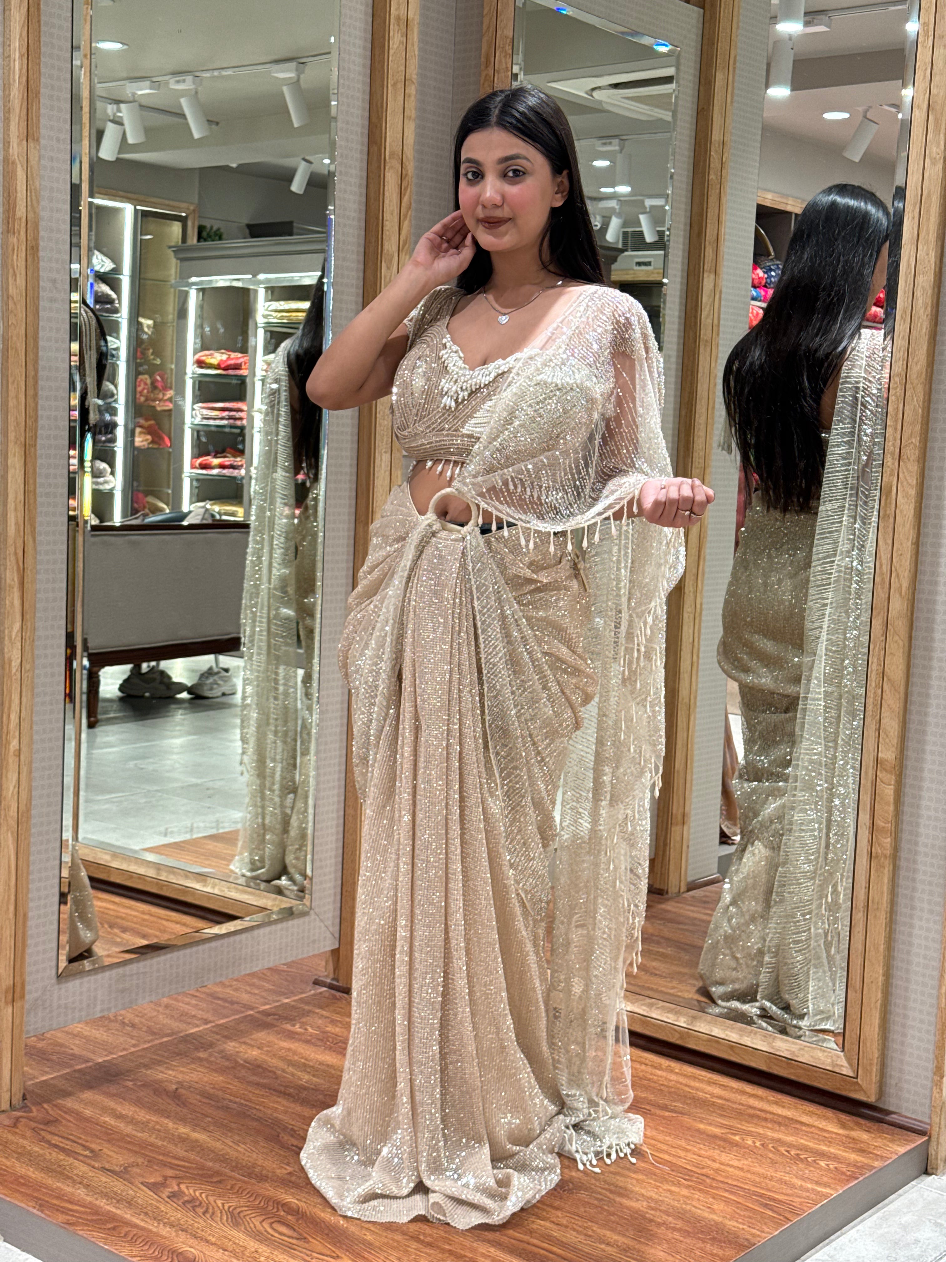 buy Shimmer Saree Gown with Corset Blouse & Statement Ring Detail Main image