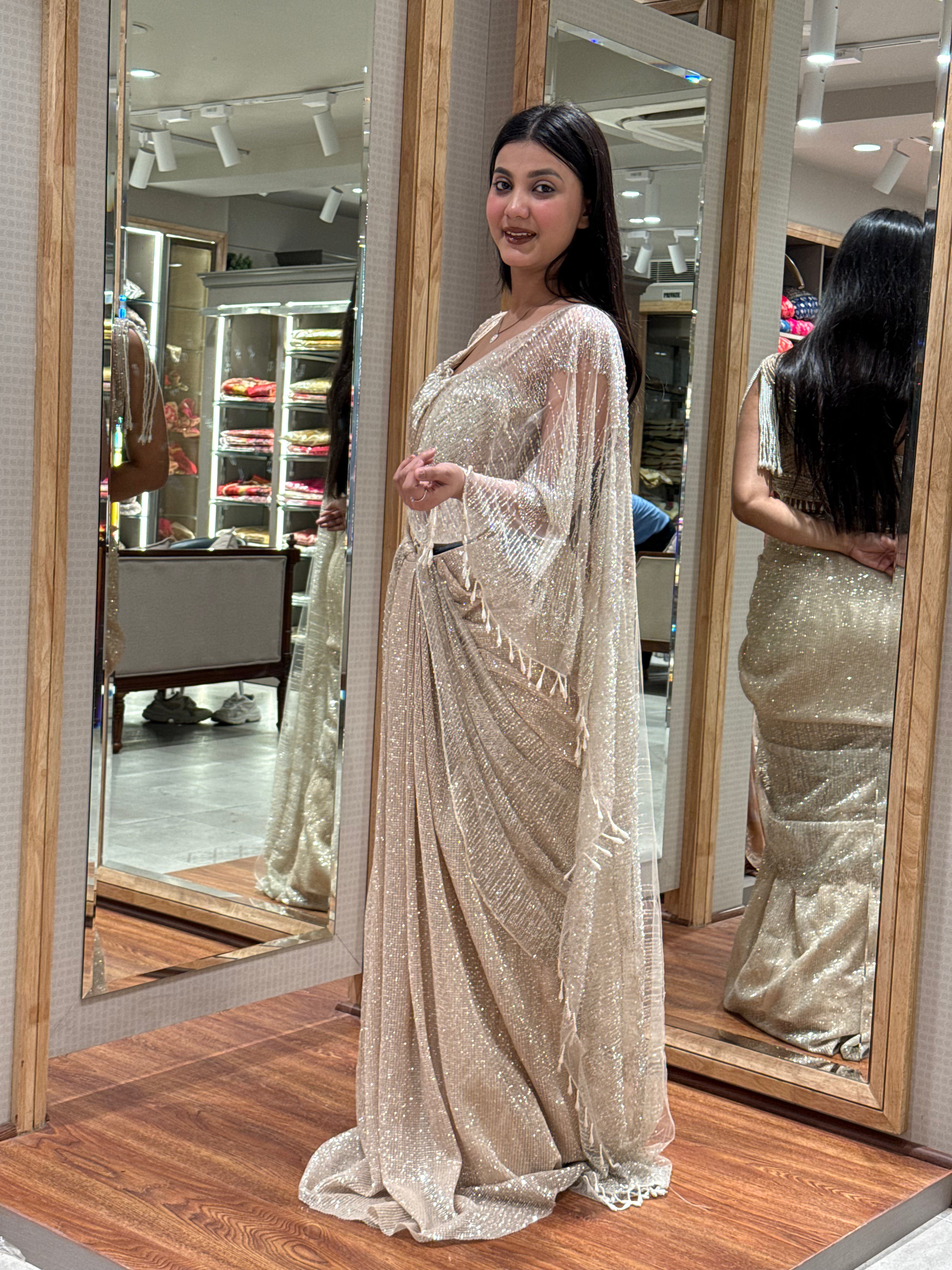 buy Shimmer Saree Gown with Corset Blouse & Statement Ring Detail Online
