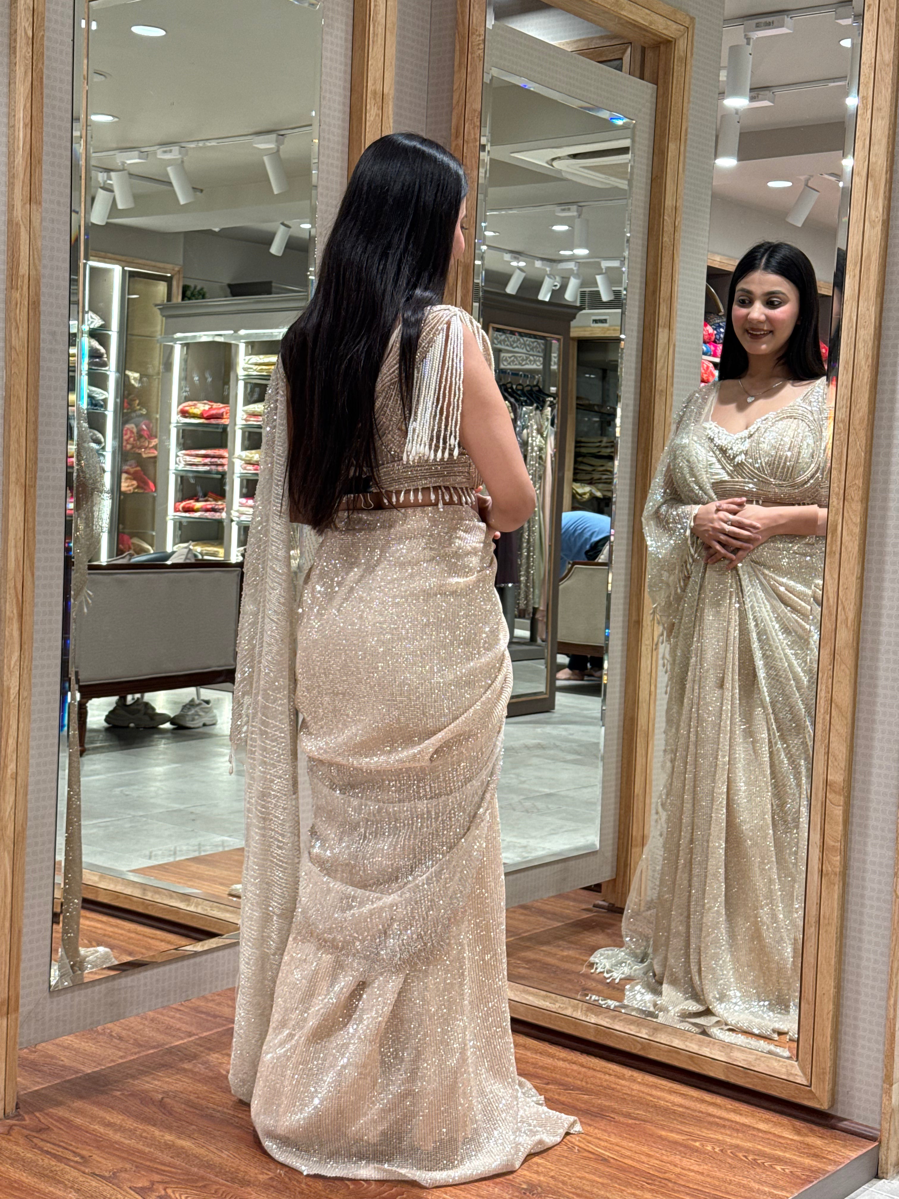 buy Shimmer Saree Gown with Corset Blouse & Statement Ring Detail Online for women