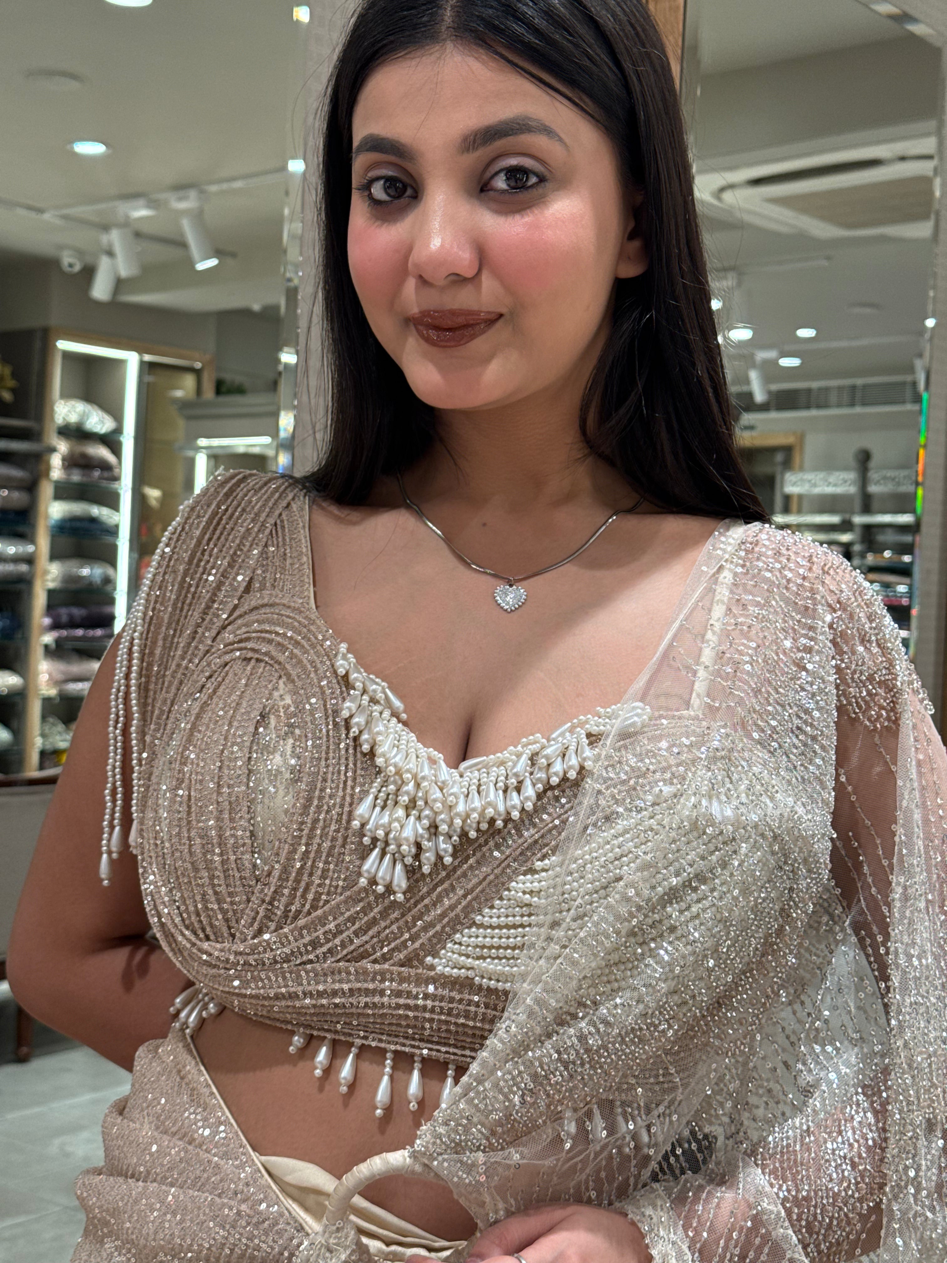 shop Shimmer Saree Gown with Corset Blouse & Statement Ring Detail Online for women