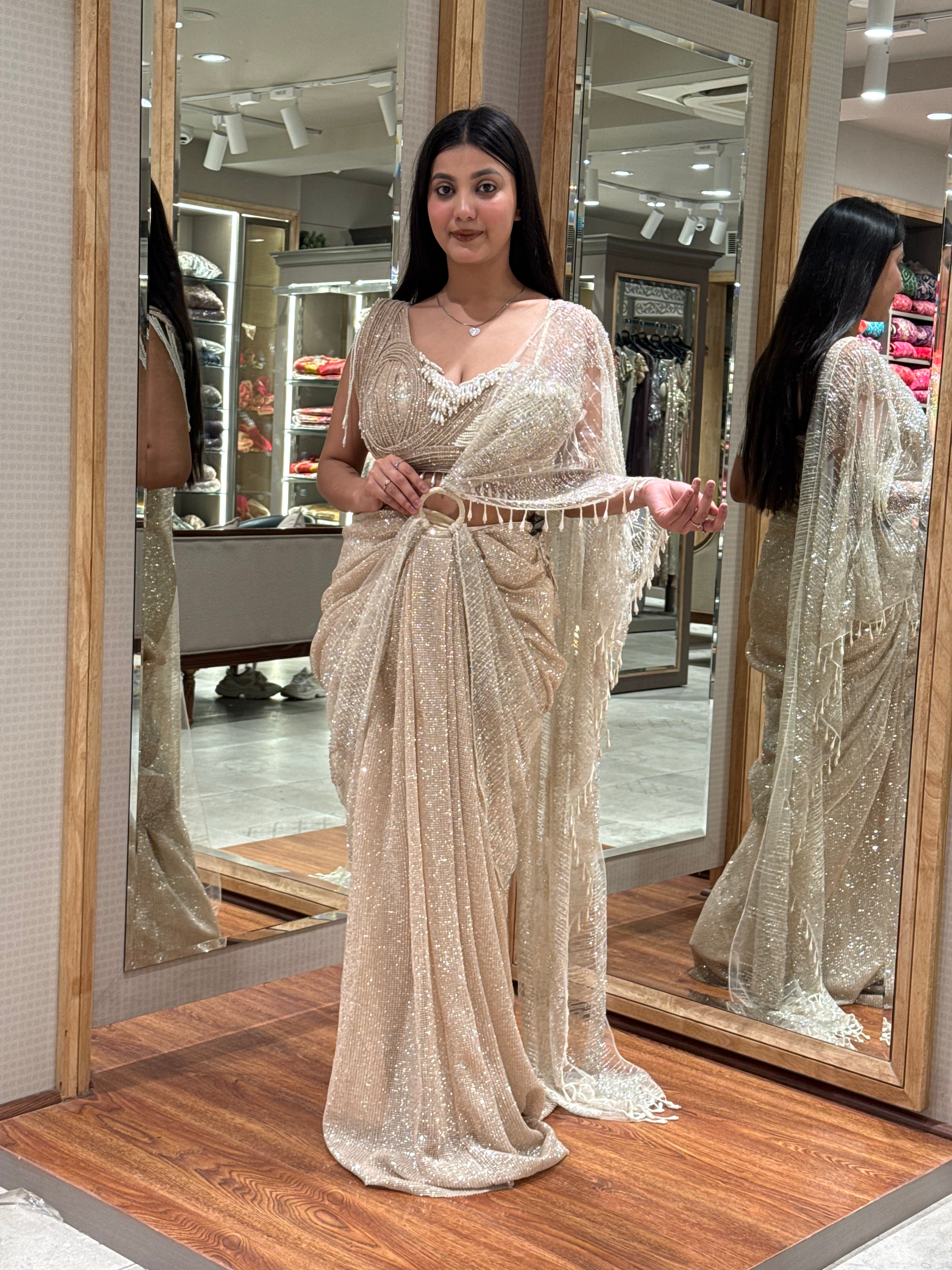 shop Shimmer Saree Gown with Corset Blouse & Statement Ring Detail Online for women