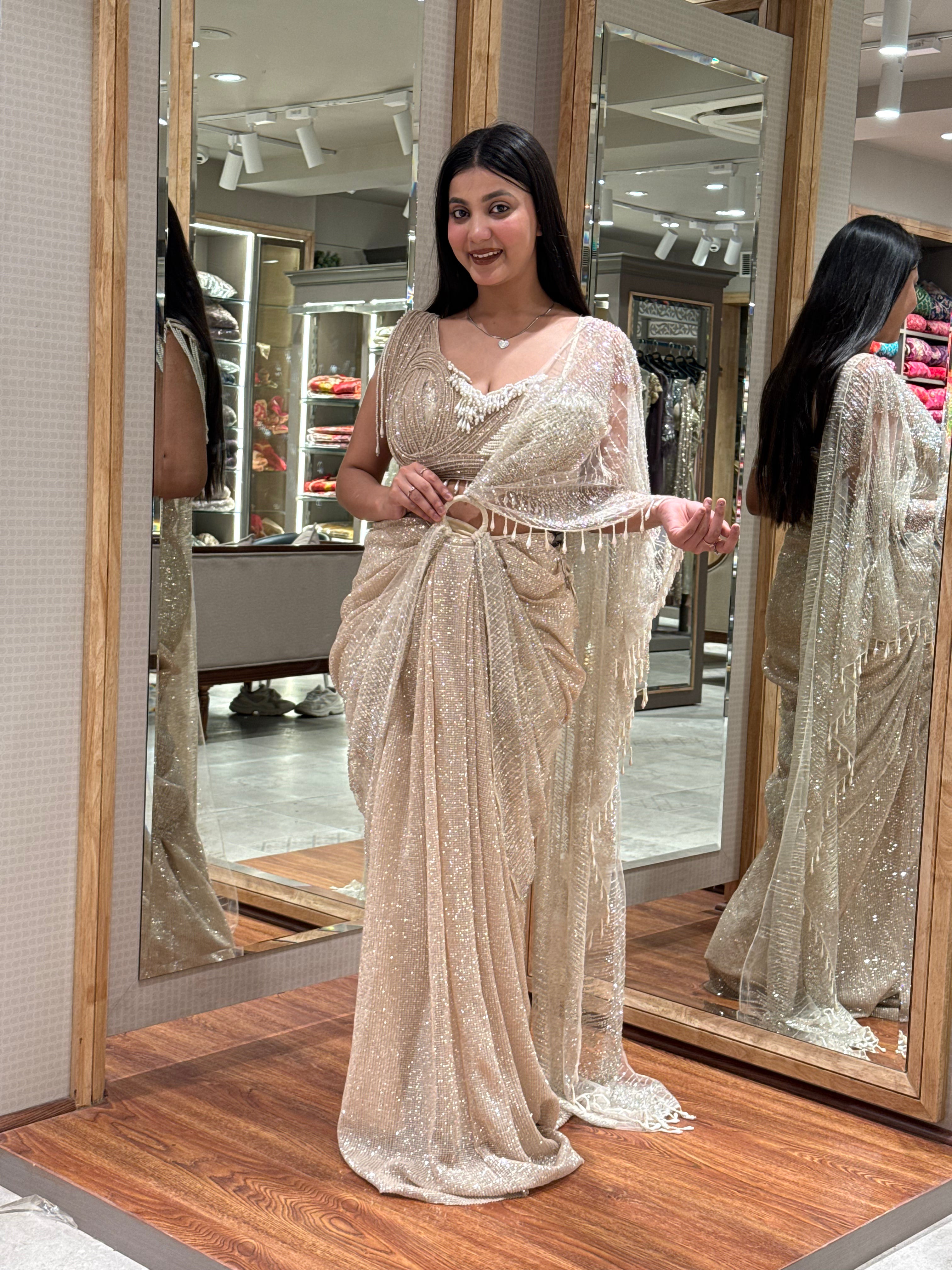 order Shimmer Saree Gown with Corset Blouse & Statement Ring Detail Online for women