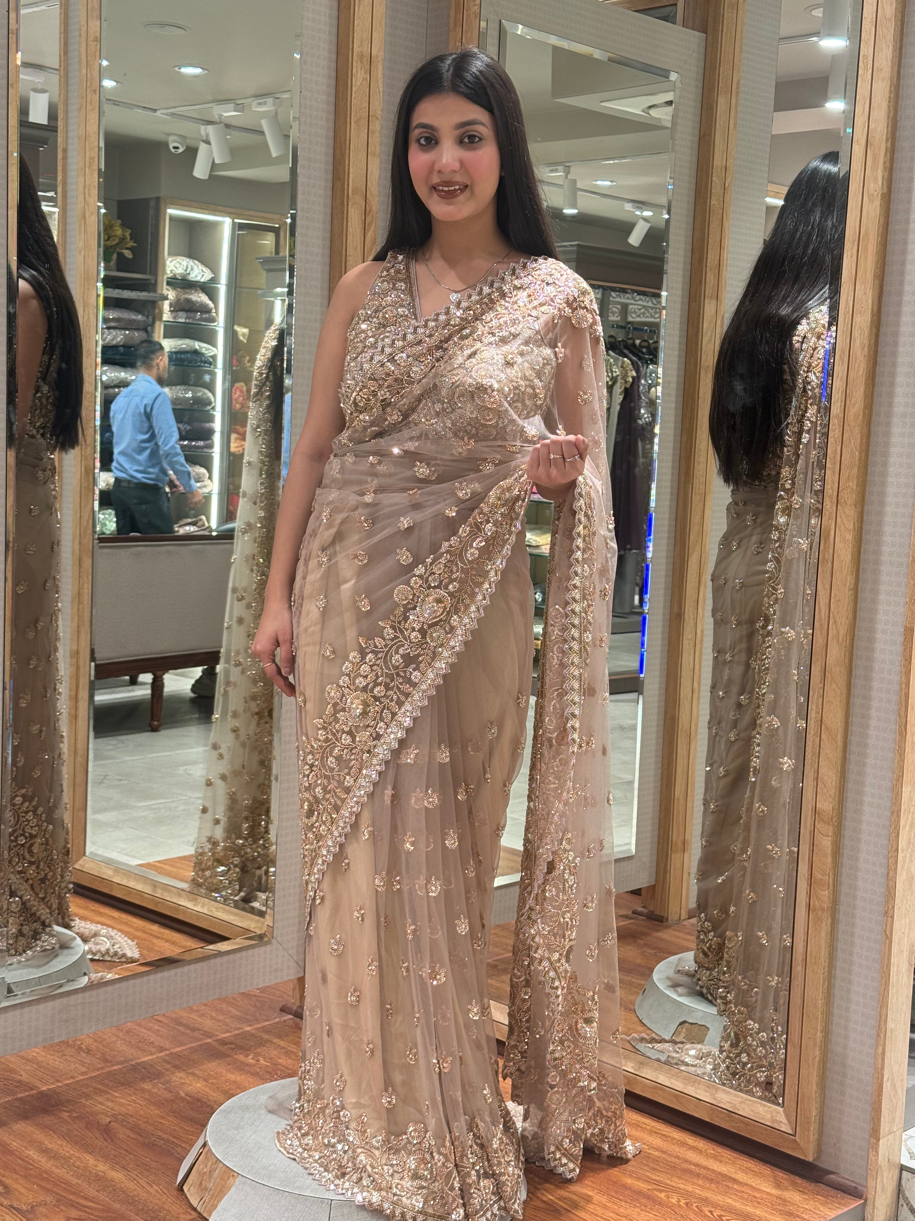 Champagne Gold Embroidered Net Saree Main image