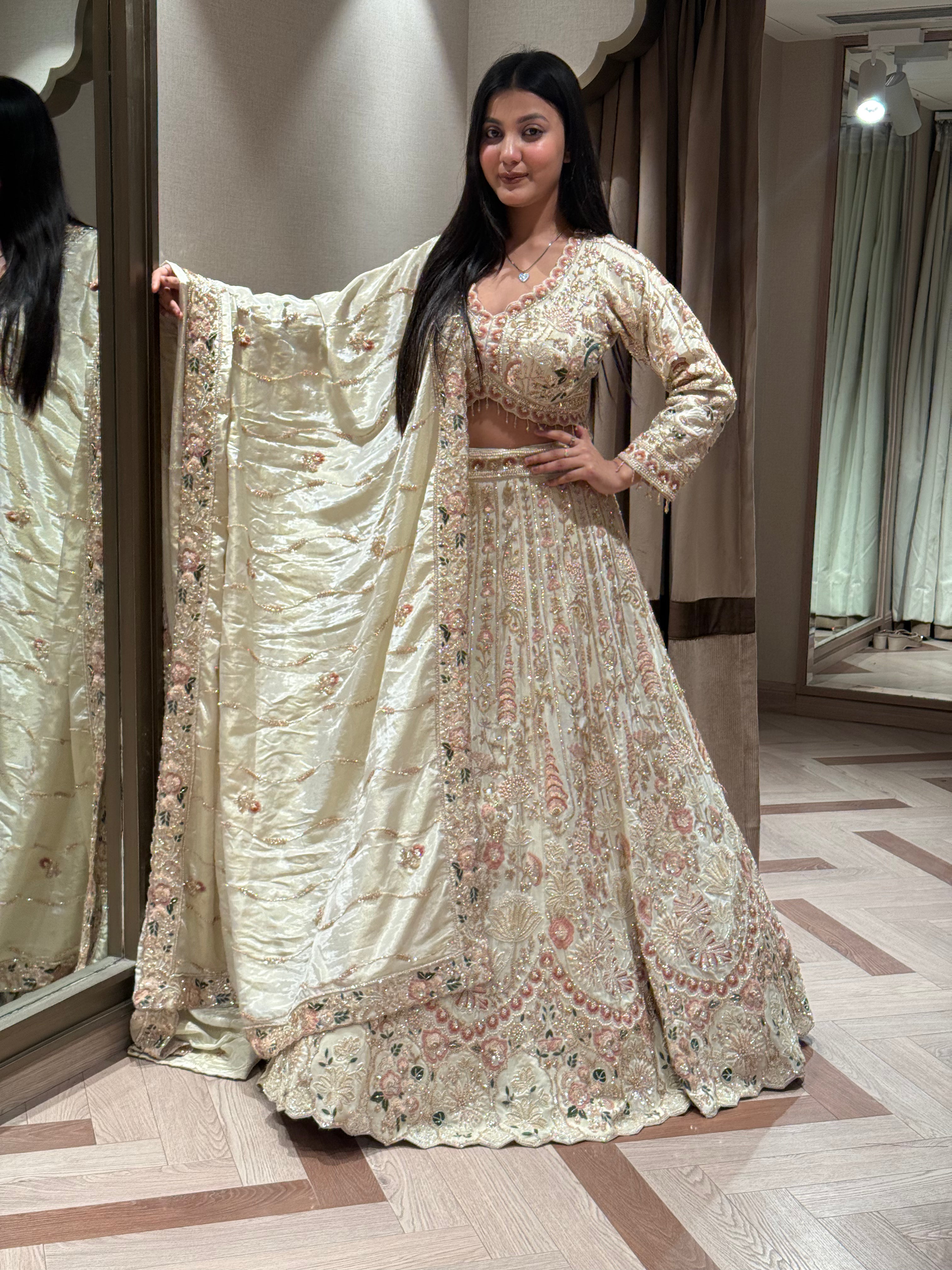 Ivory & Peach Pastel Embroidered Lehenga Set Main image