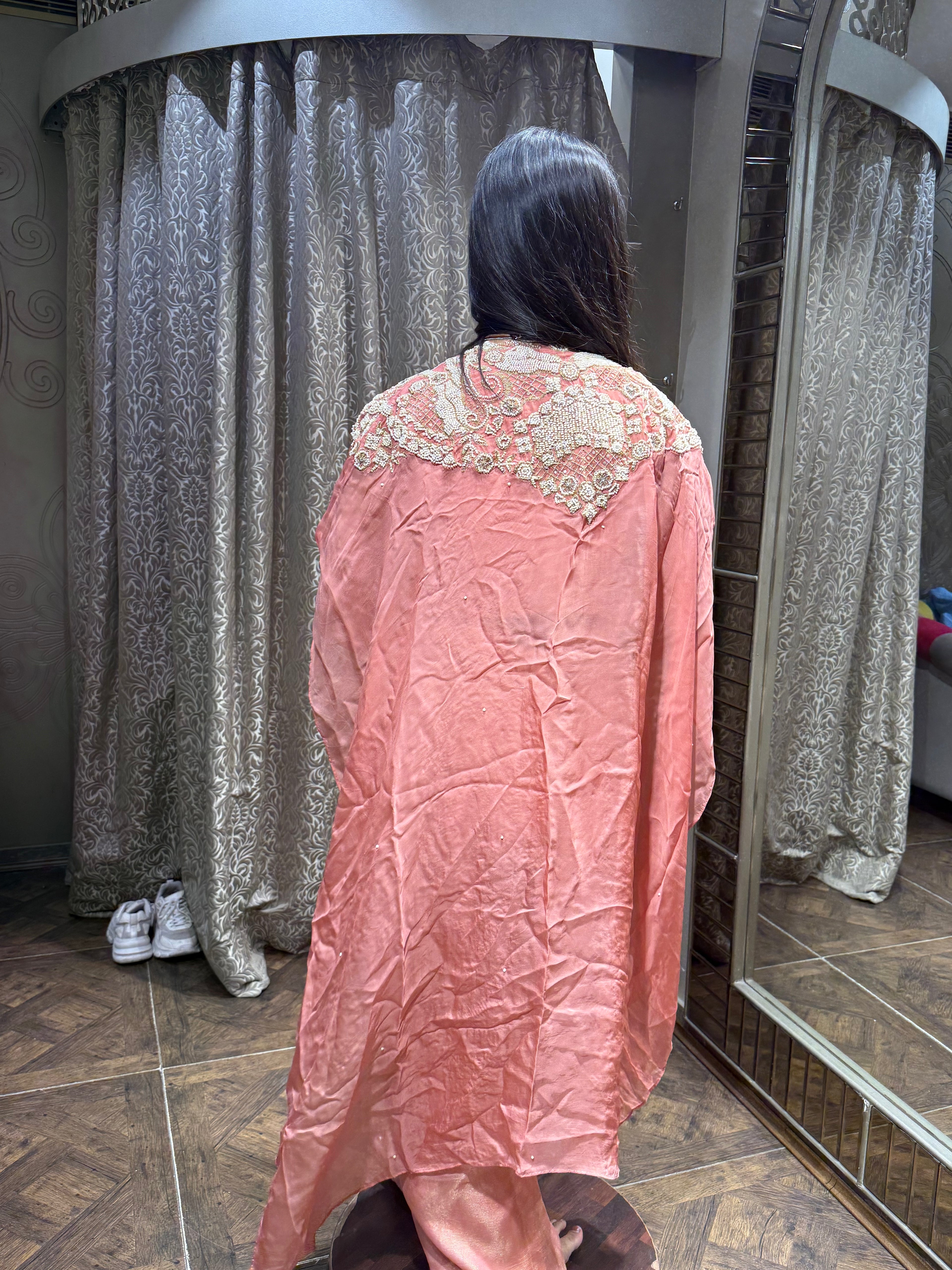 Elegant Peach Embroidered Co-ord Set with Cape