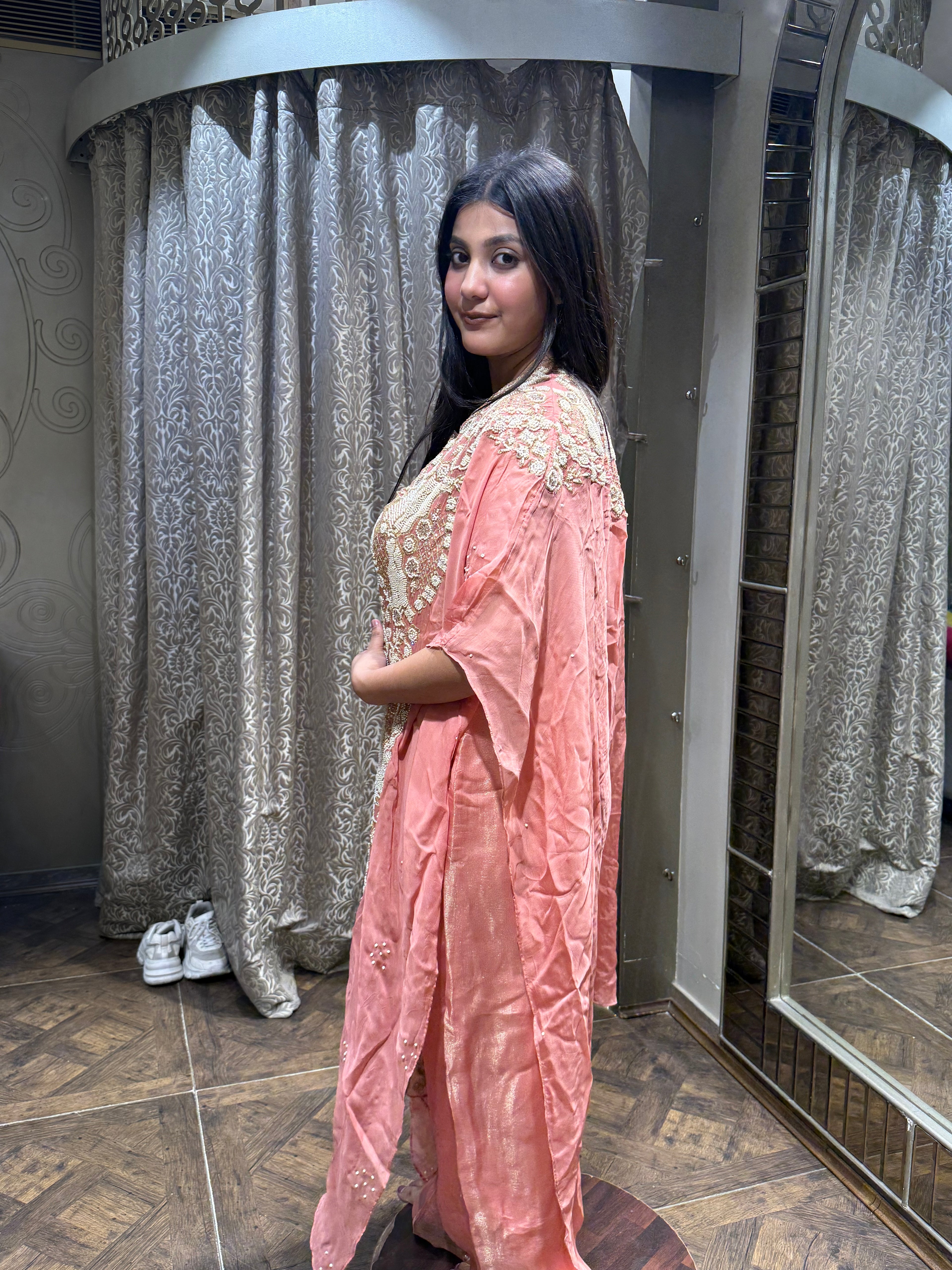 Elegant Peach Embroidered Co-ord Set with Cape