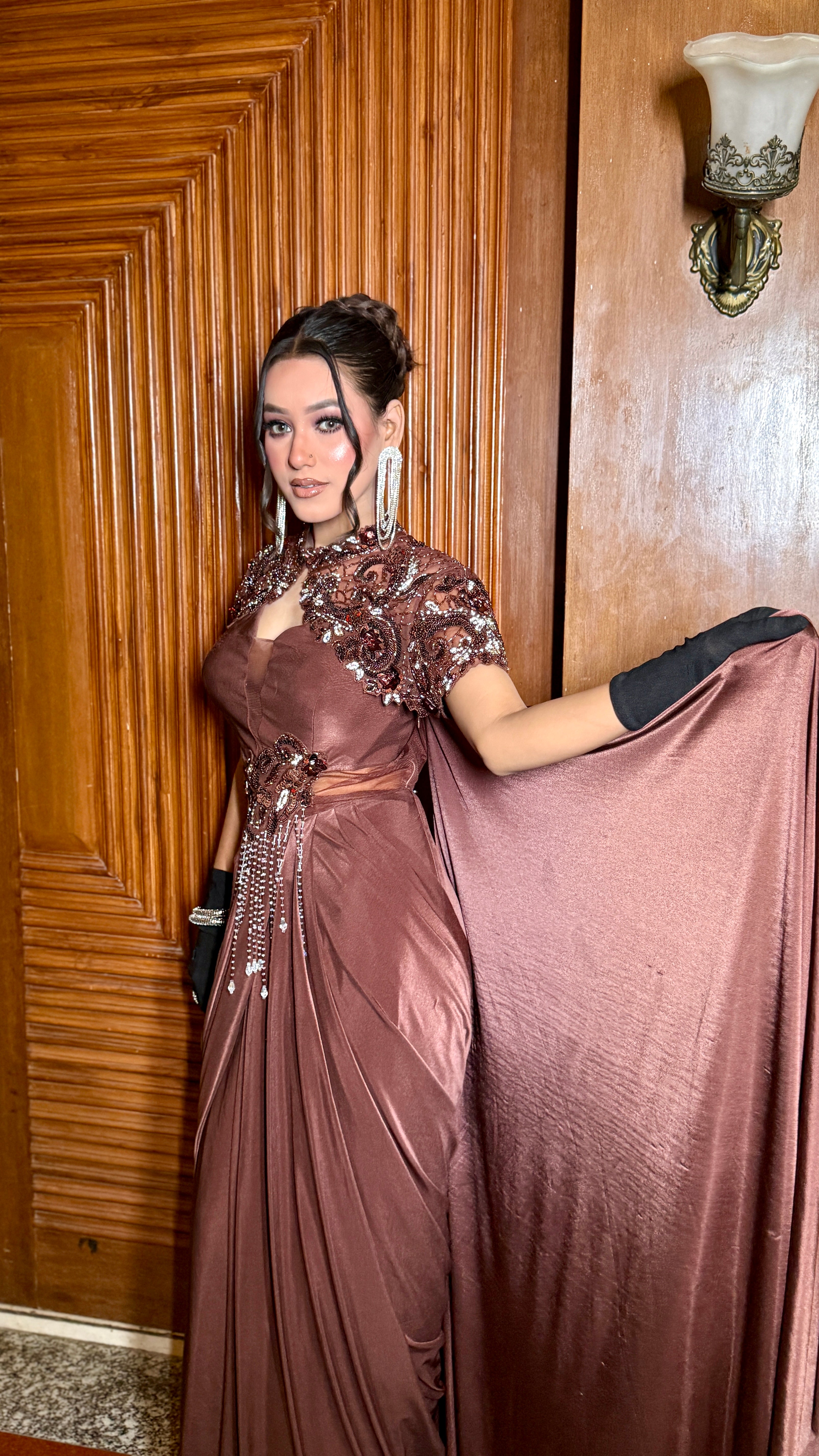 Espresso Glamour Drape Gown (9443 M-112)