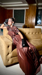 Espresso Glamour Drape Gown (9443 M-112)