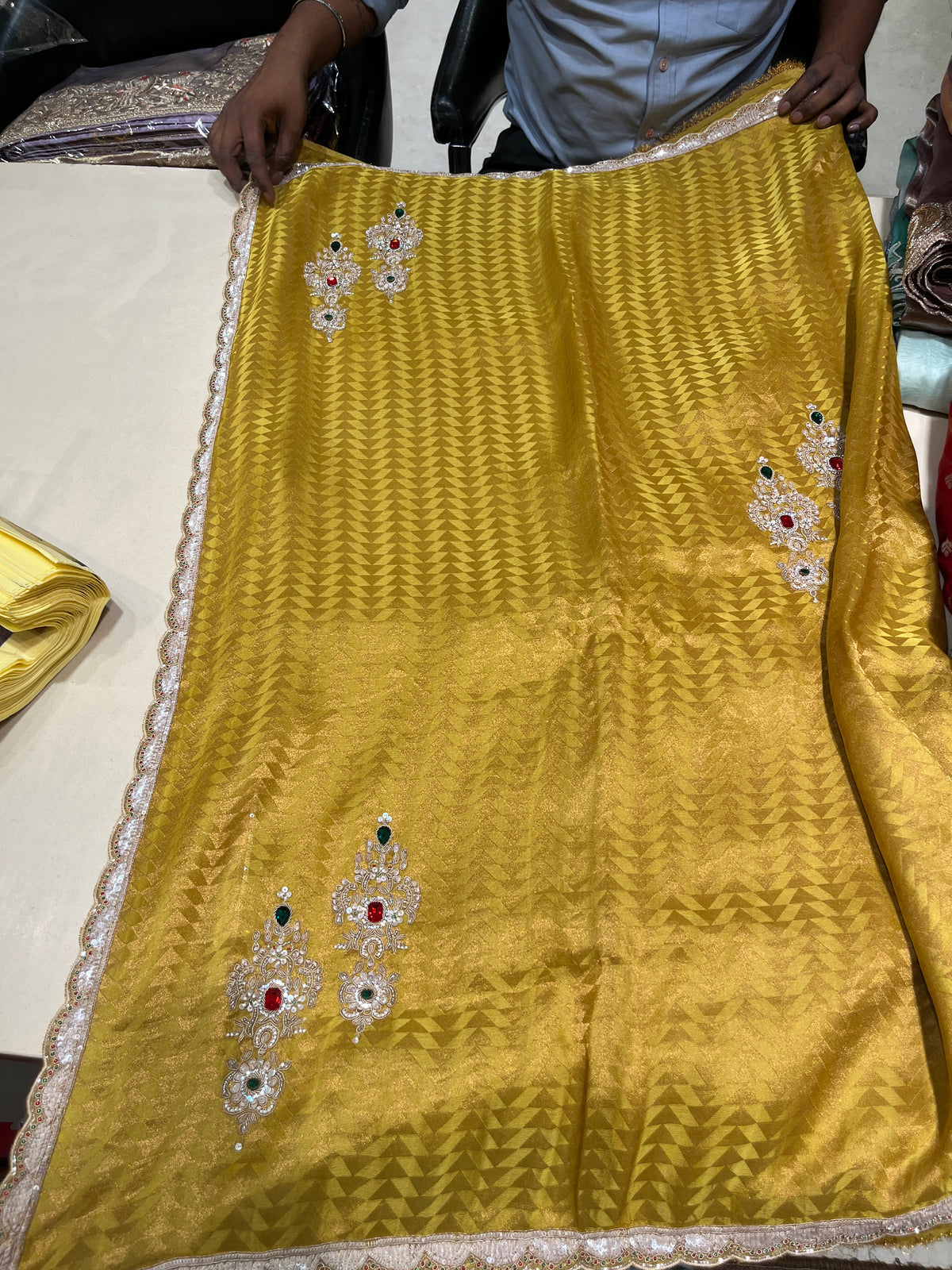Golden Yellow Silk Saree with All-Over Geometric Diamond Weave & Woven Zari Border