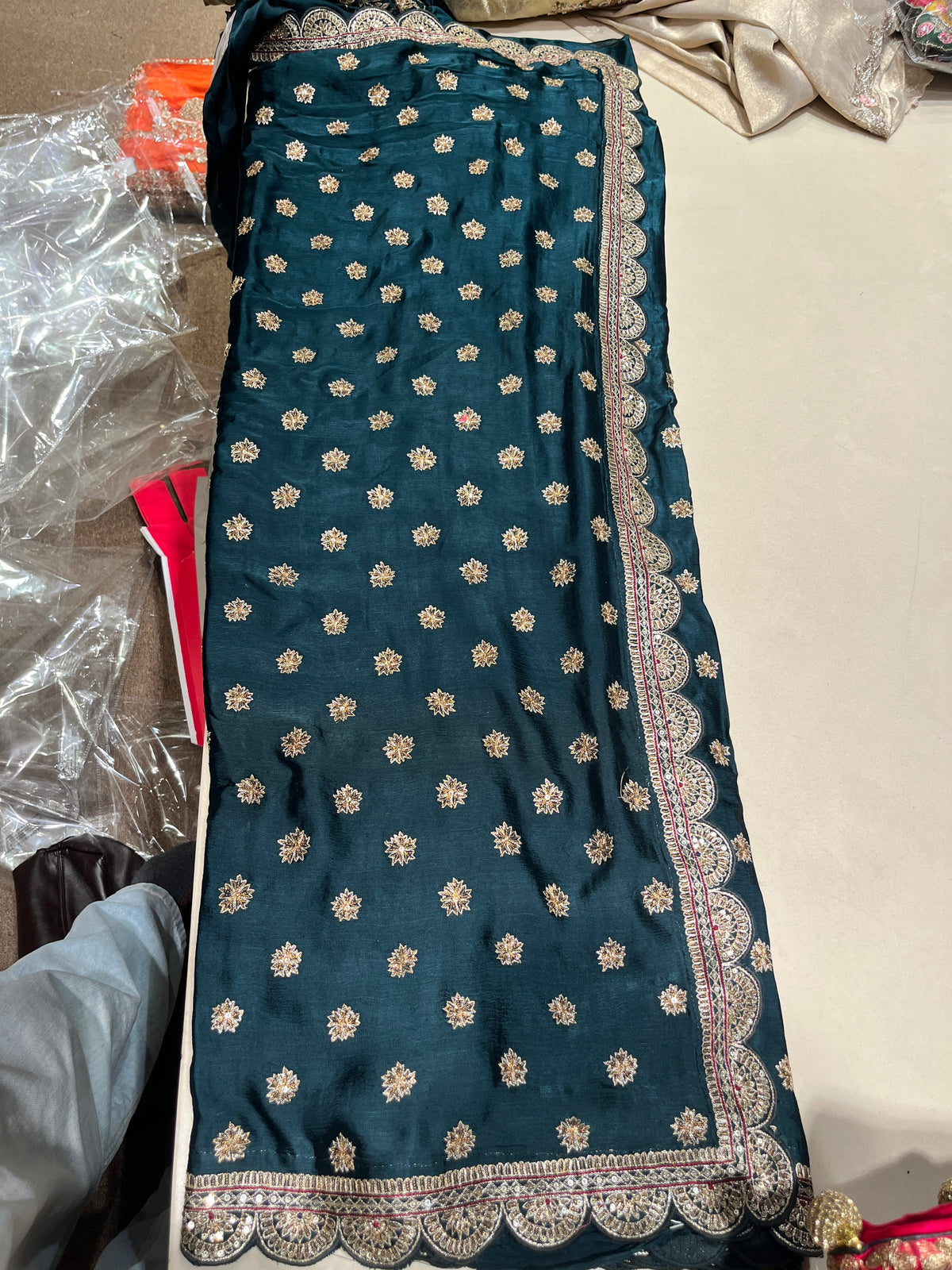 Peacock Blue Silk Saree with Antique Gold Zardozi Arch Motifs & Scalloped Cutwork Border