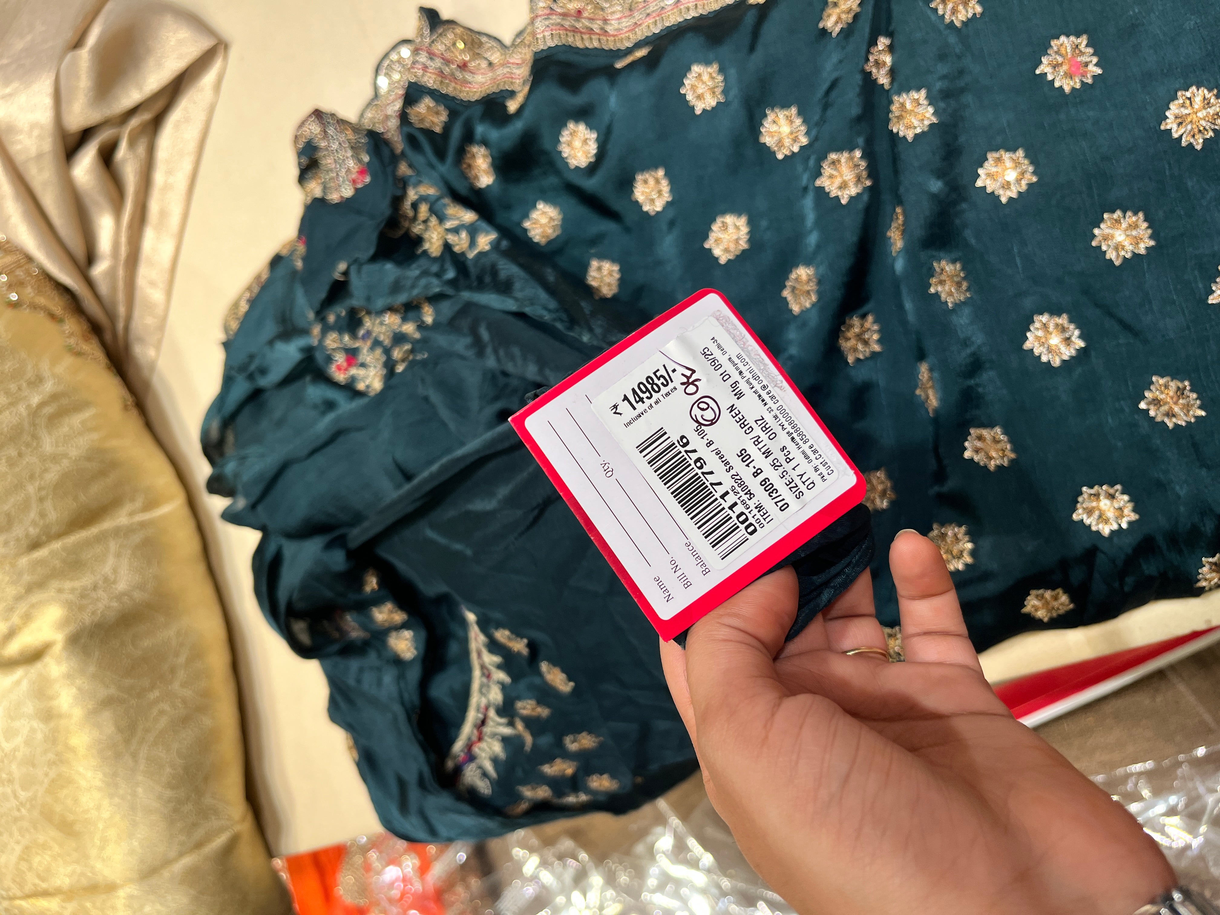 Peacock Blue Silk Saree with Antique Gold Zardozi Arch Motifs & Scalloped Cutwork Border Secondary image