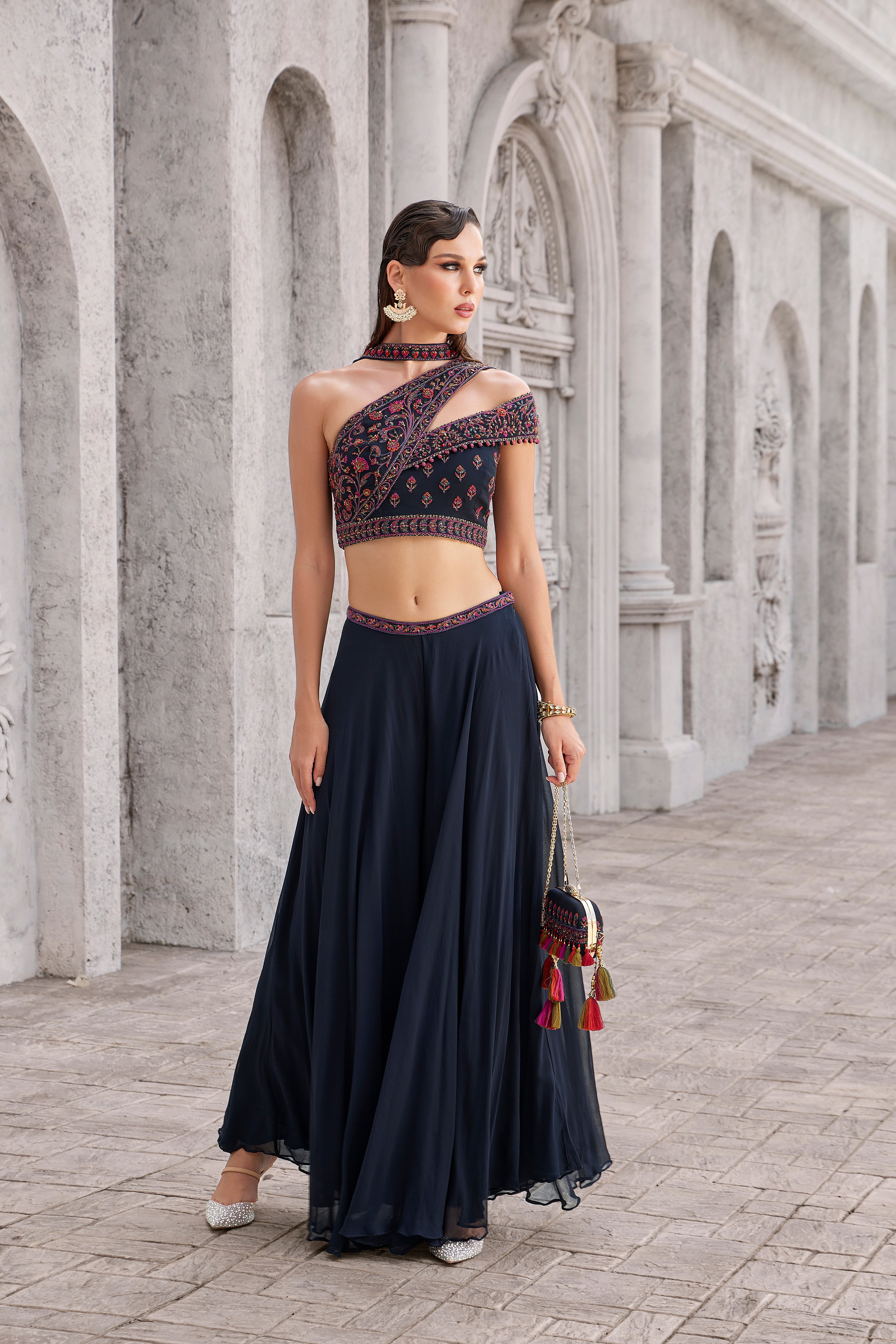Elegant Navy Blue Indo-Western Set with Embroidered Off-Shoulder Top (INDRANI M-24) Main image