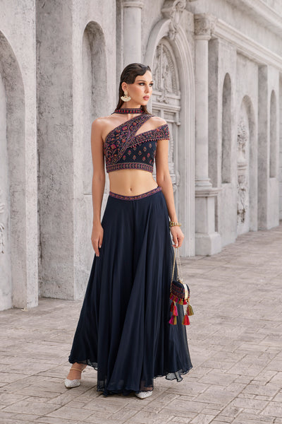 Elegant Navy Blue Indo-Western Set with Embroidered Off-Shoulder Top (INDRANI M-24)