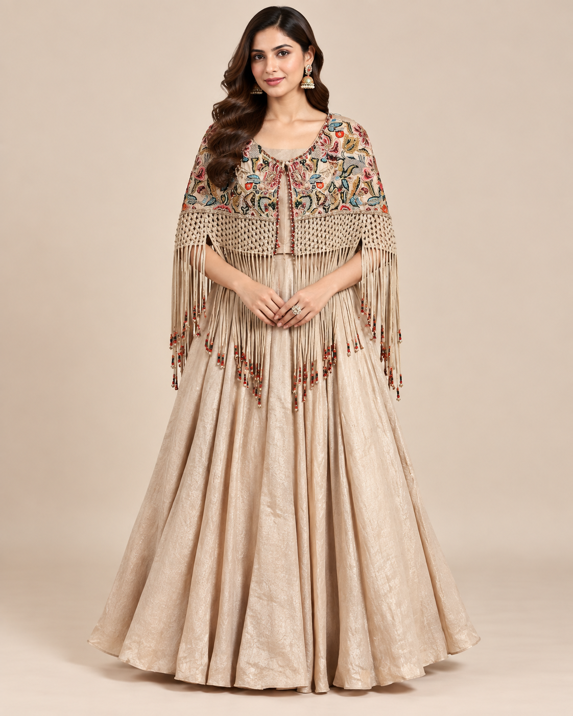 Beige Gold Embroidered Cape Gown Set Main image