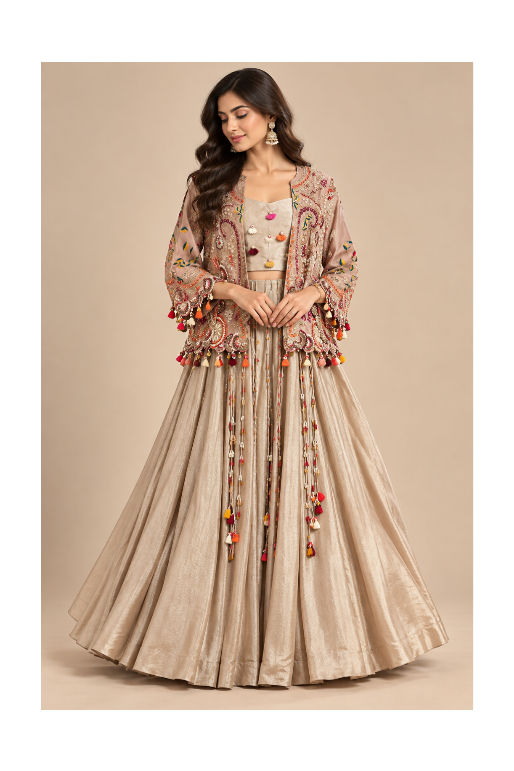 Beige Metallic Skirt With Embroidered Jacket Main image
