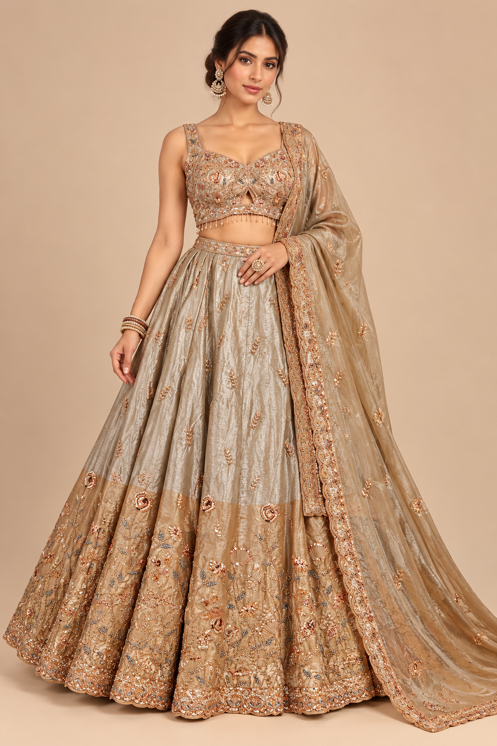 Metallic Champagne Gold Two-Tone Tissue Silk Kalidar Lehenga Choli Set with Dupatta Main image