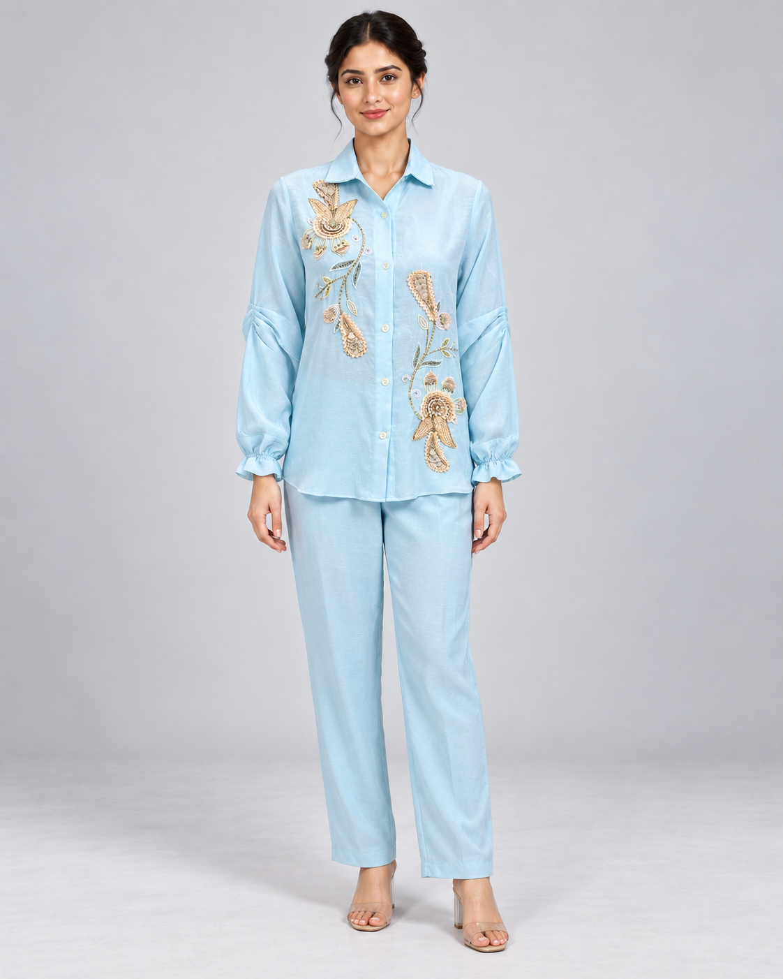 Aqua Floral Embroidered Pant Suit