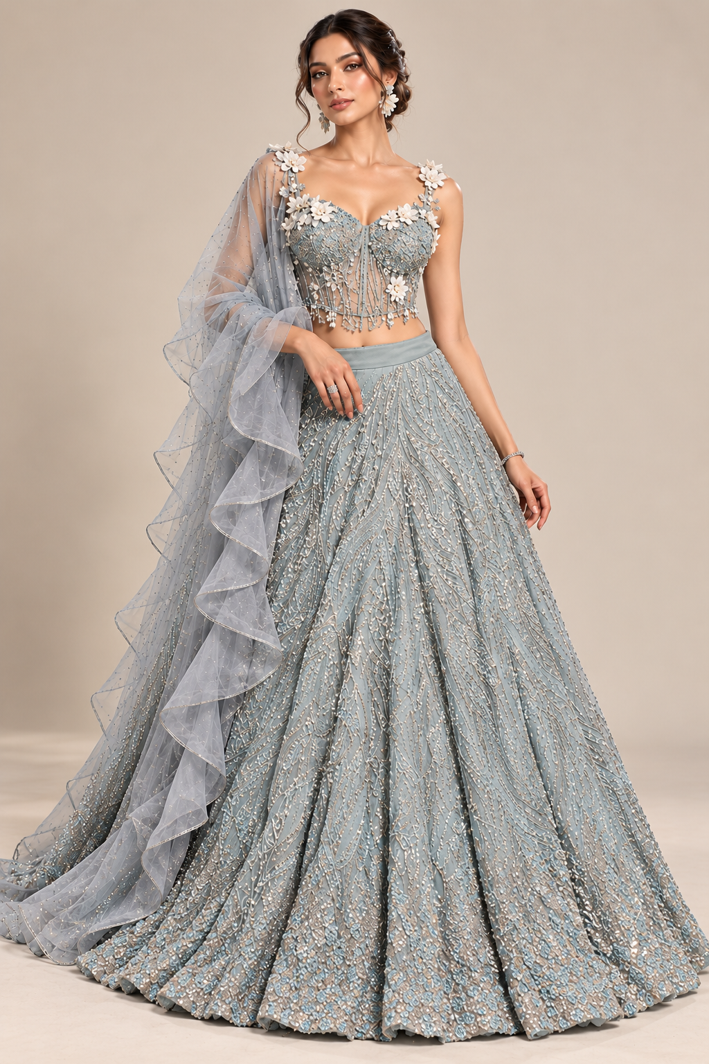 Rama Blue Floral Embellished Designer Lehenga