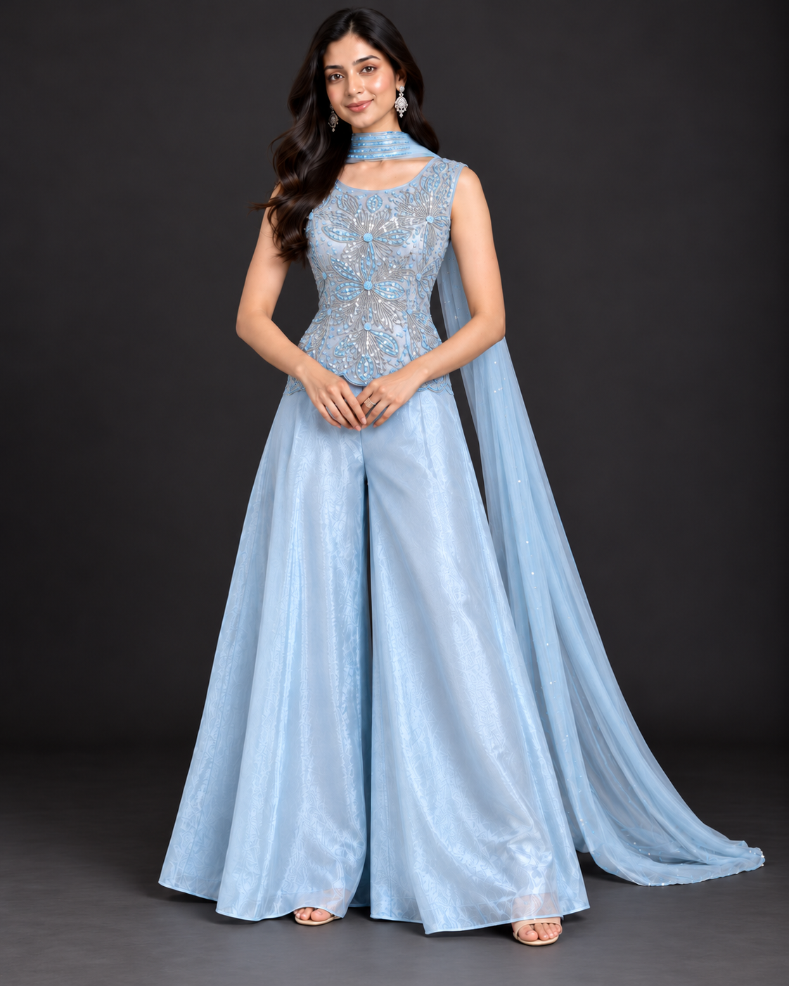 Sky Blue Embellished Palazzo Set with Choker Dupatta
