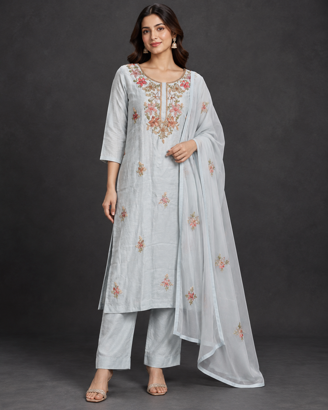 Ice Blue Floral Embroidered Kurti Pant Set with Dupatta