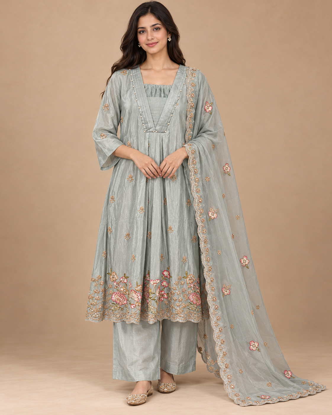 Icy Mint Floral Embroidered Palazzo Suit