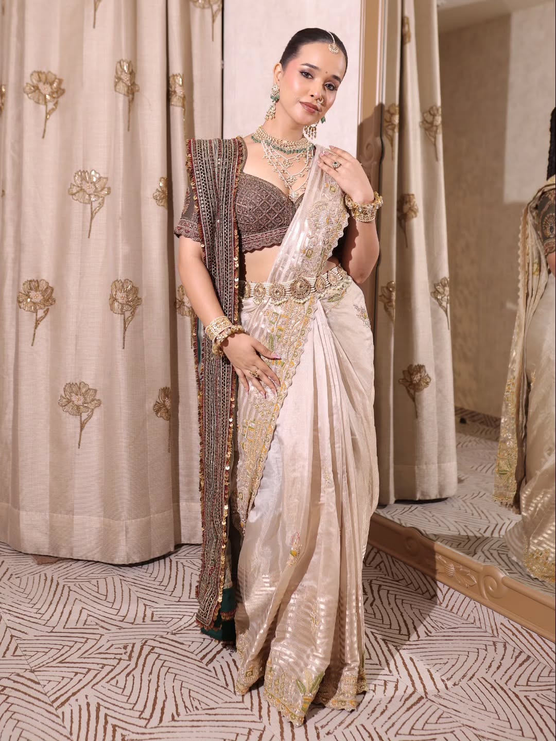 Elegant Ivory Silk Saree with Golden Embroidery and Designer Blouse Main image