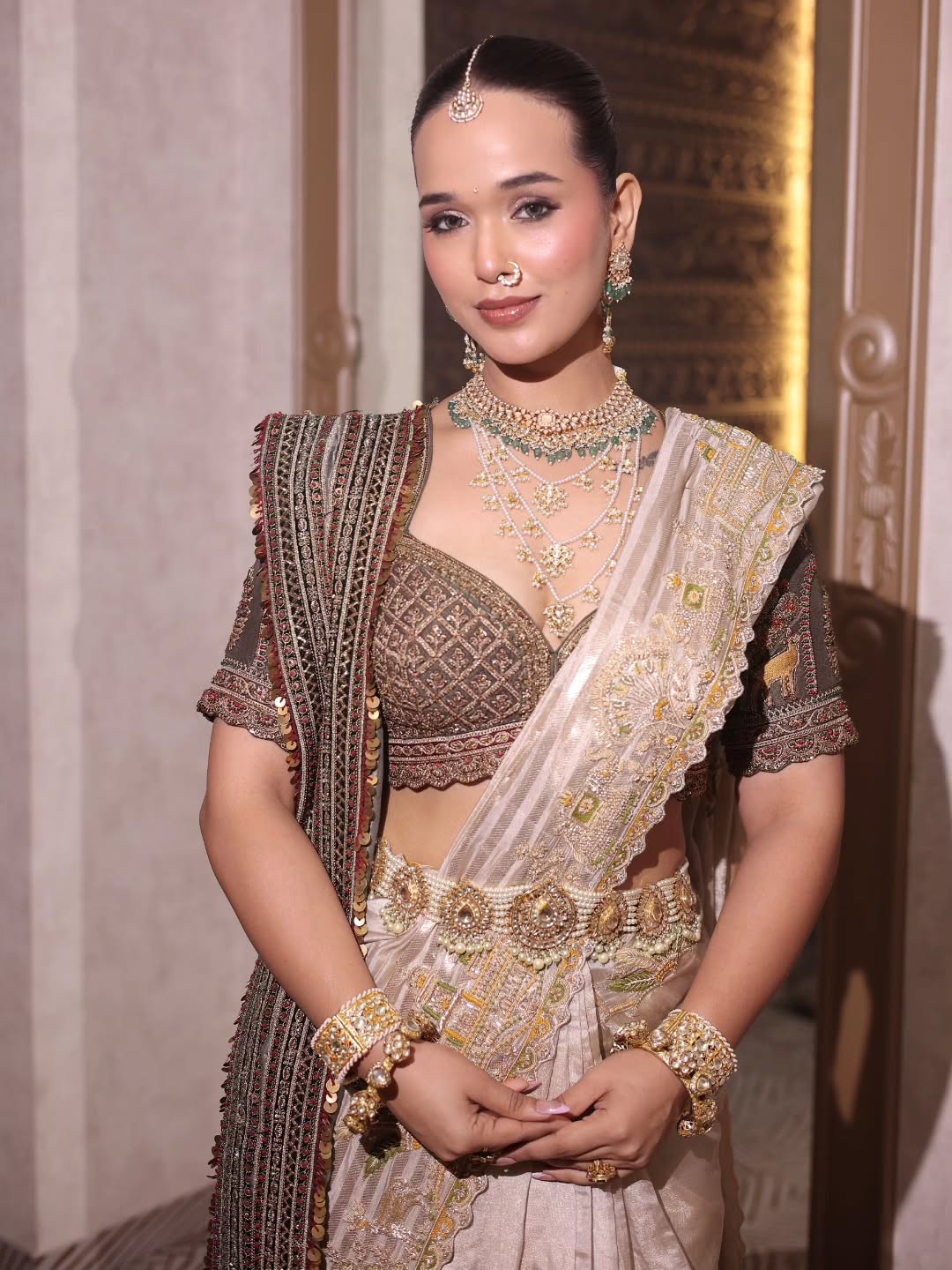 Elegant Ivory Silk Saree with Golden Embroidery and Designer Blouse Secondary image