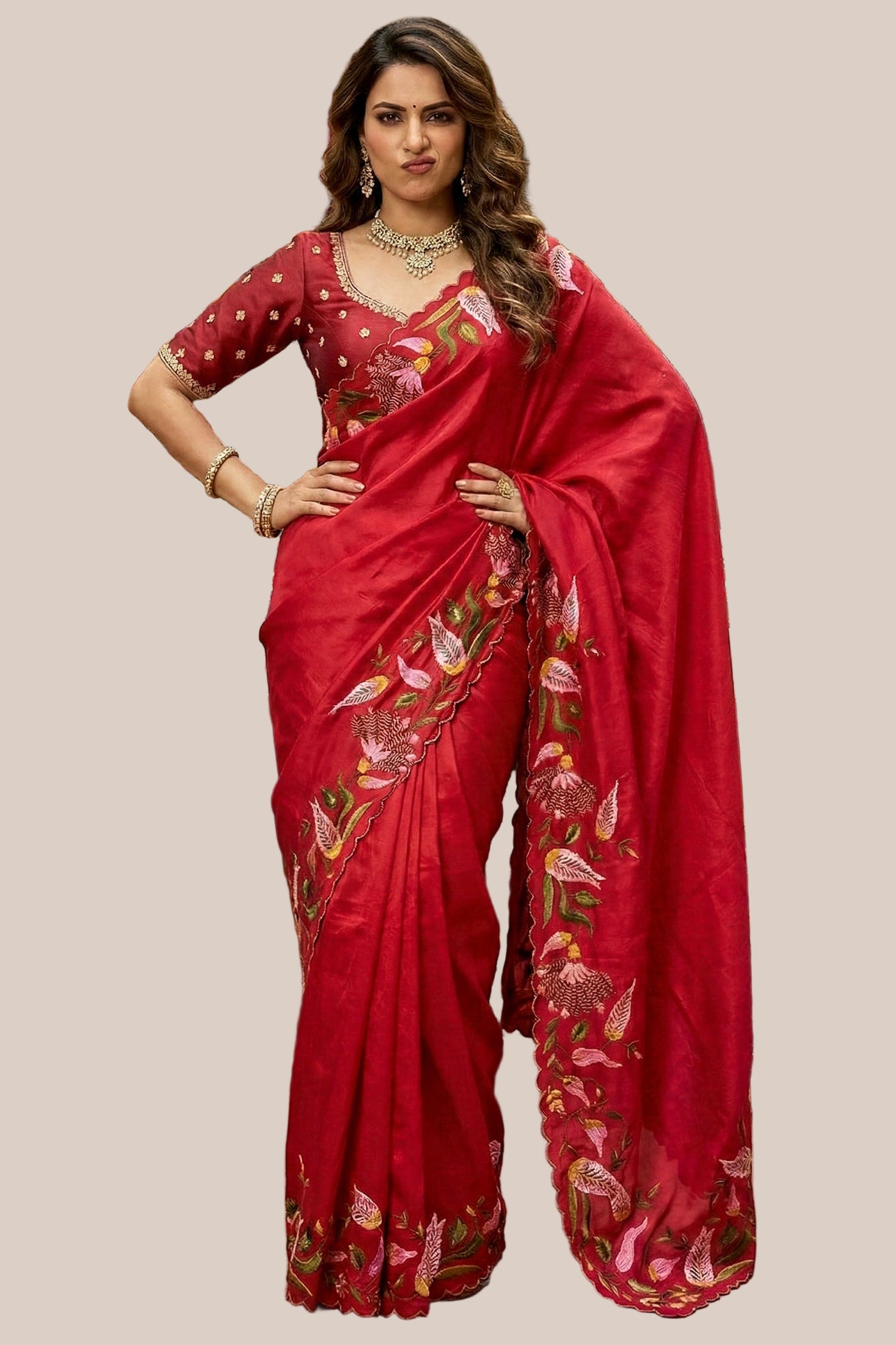 Crimson Red Silk Saree with Figural Bird Embroidery (1817 GS-28)