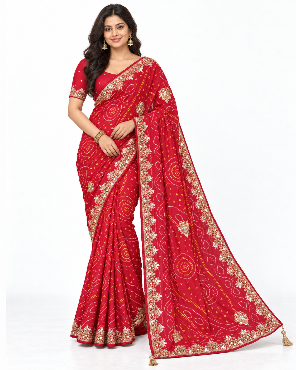 Elegent Red Bandhani-Style Saree