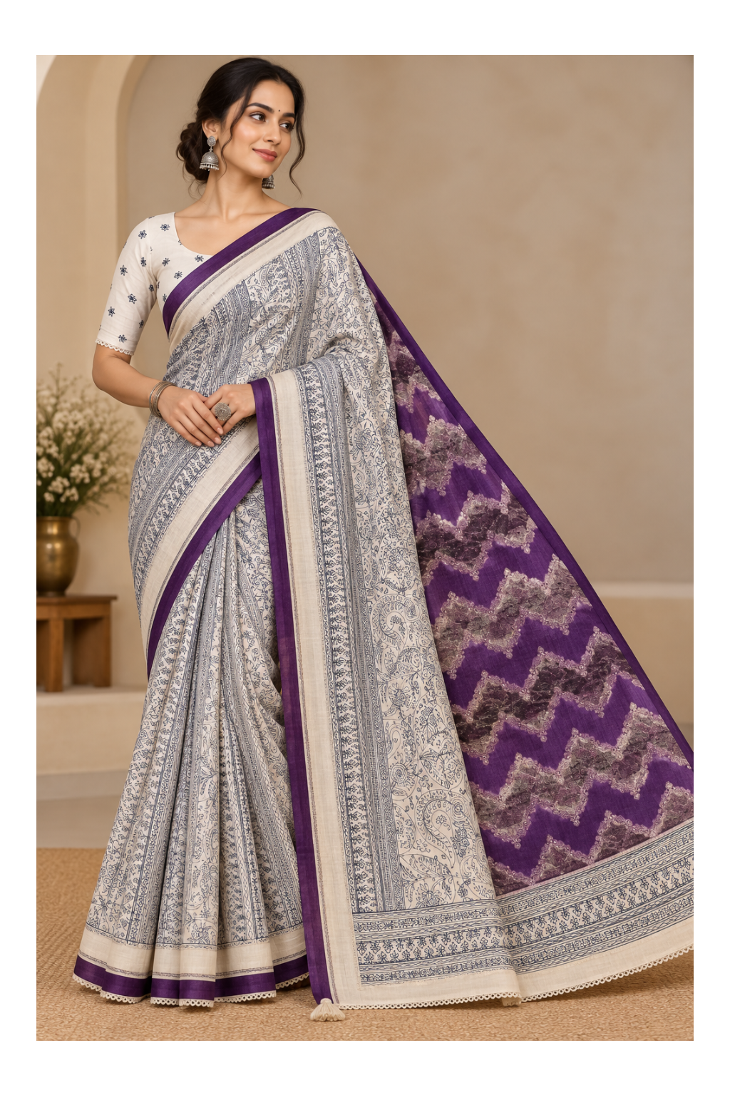 Off-White Kalamkari Print Chanderi Cotton Saree