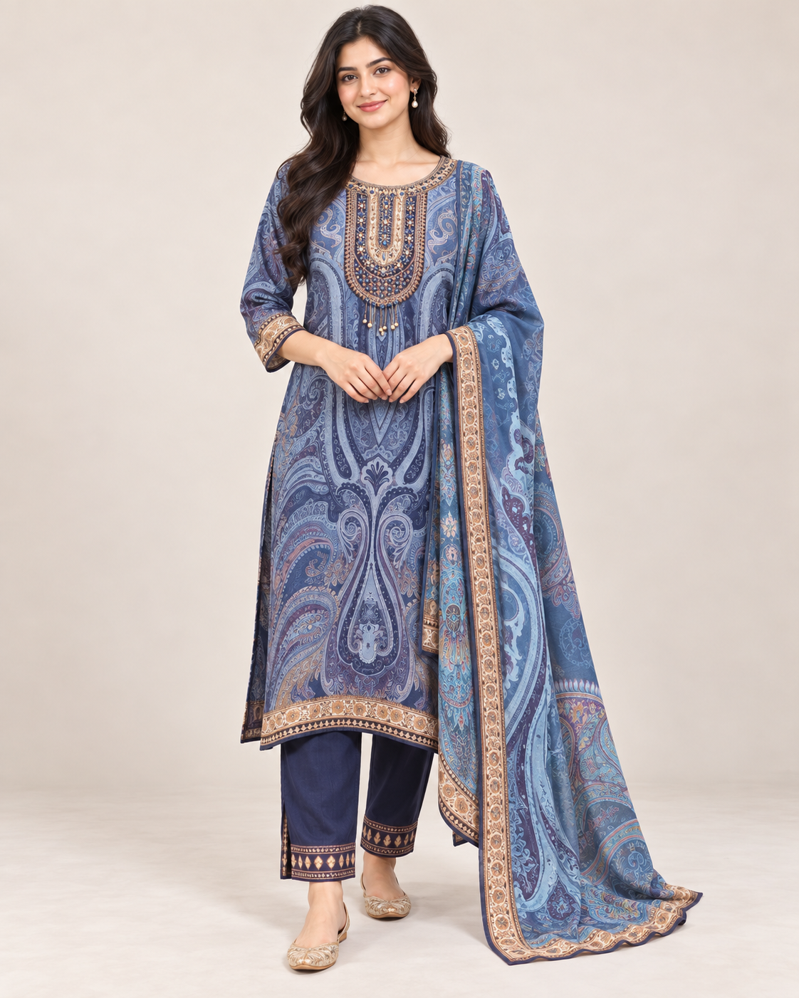 Classic Blue Paisley Tapestry Printed Kurta Set Main image