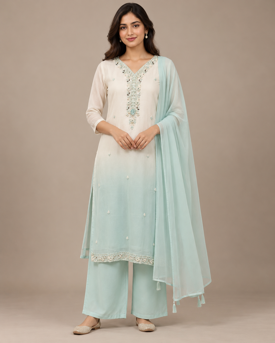 Ivory Mint Ombre Embroidered Palazzo Suit