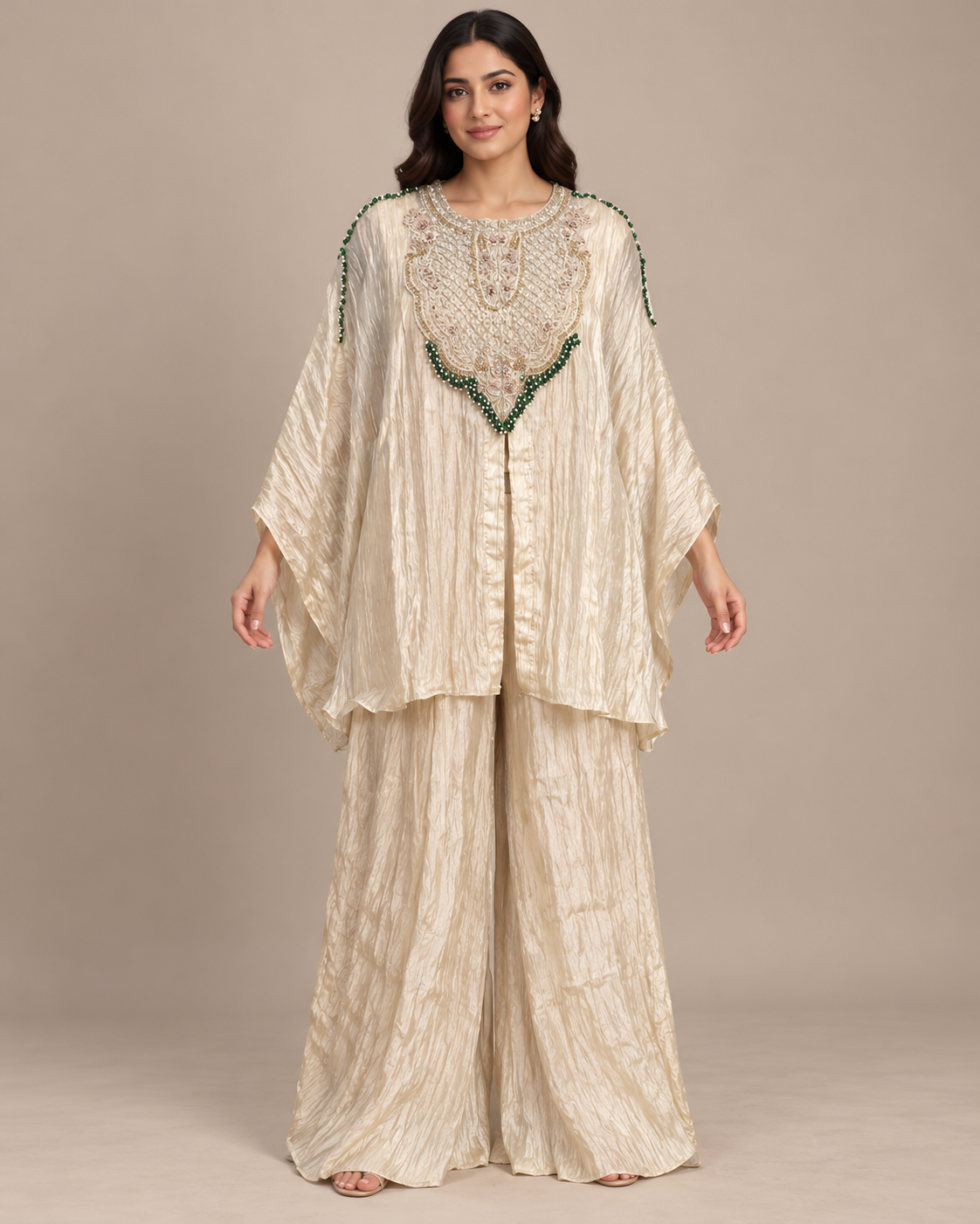 Ivory Embellished Cape and Palazzo Set