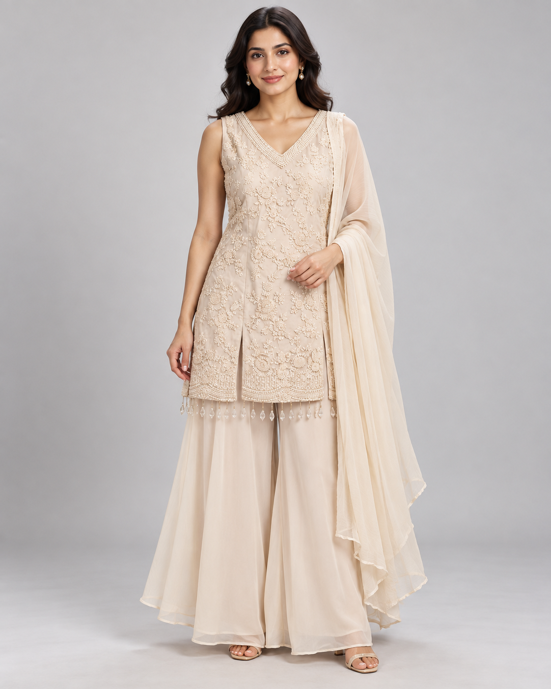 Ivory Embellished Palazzo Set with Dupatta Main image