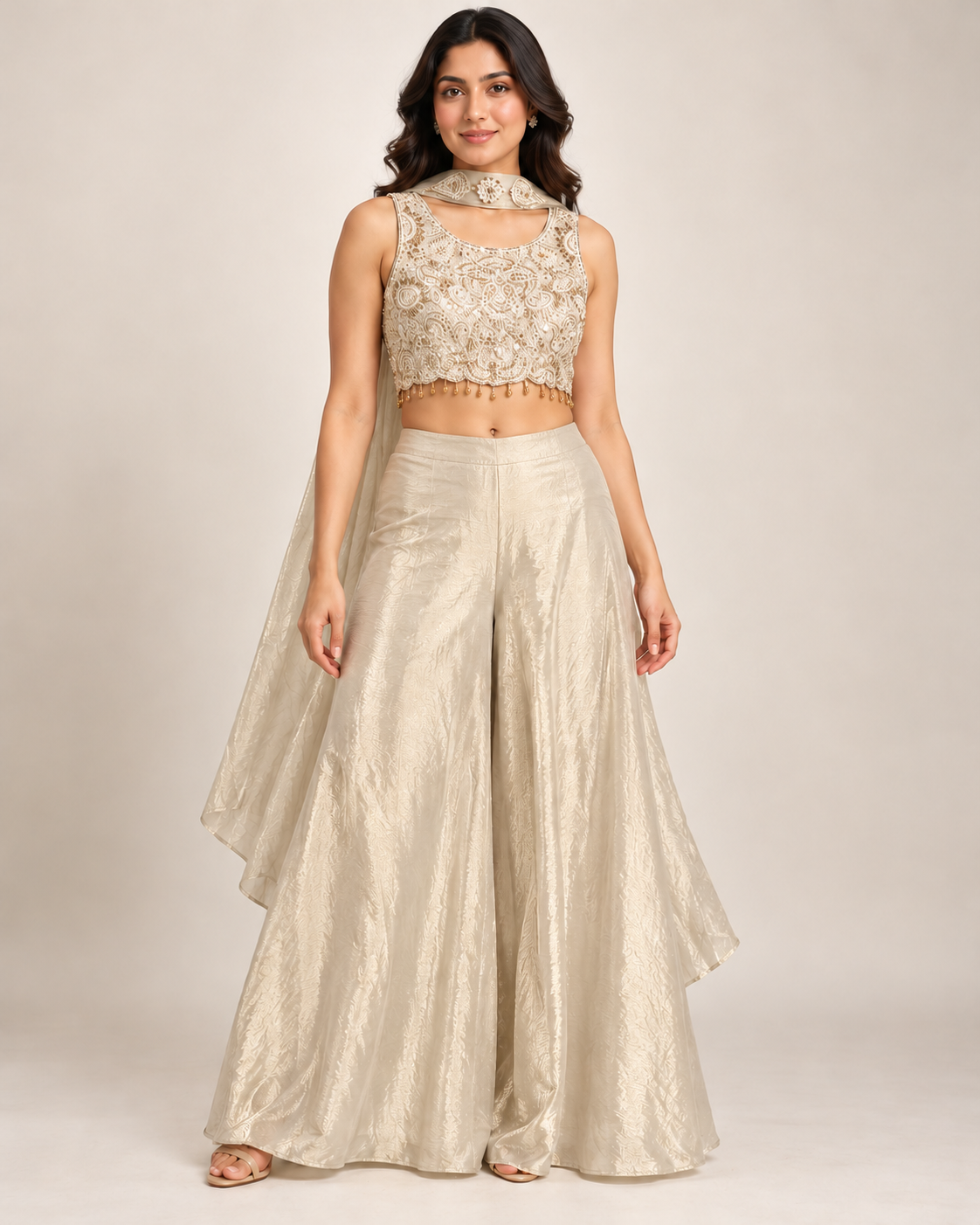 Ivory Embroidered Crop Top Palazzo Set