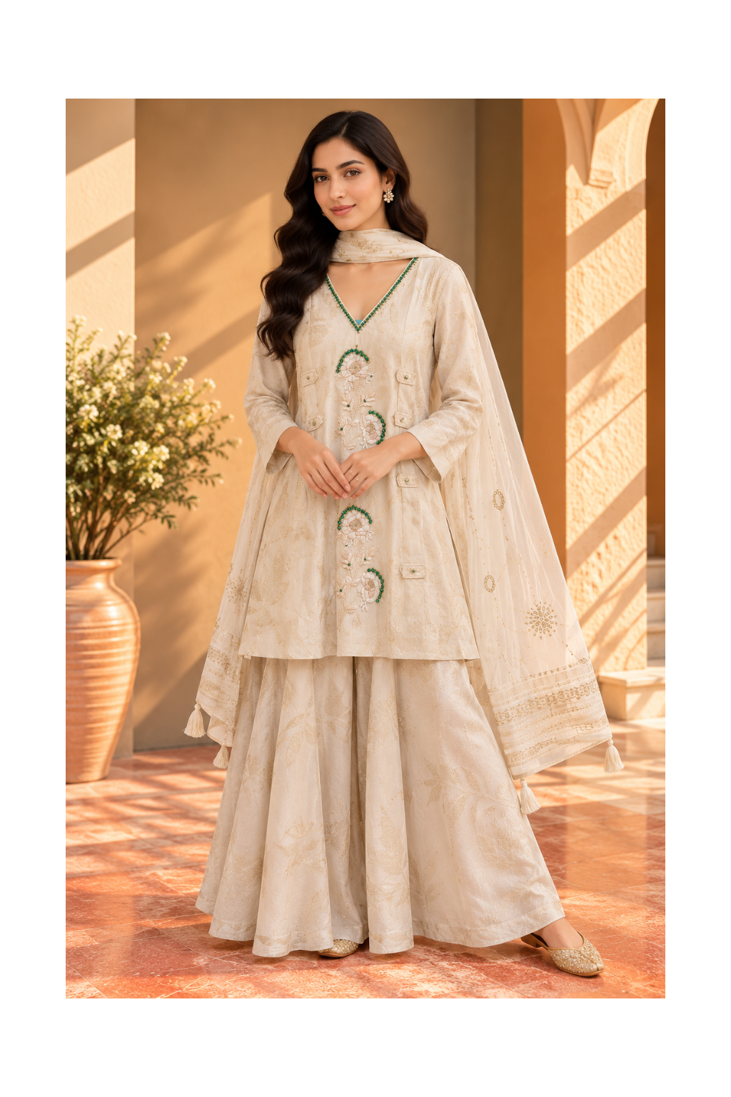 Ivory & Emerald Embroidered Tissue Sharara Set