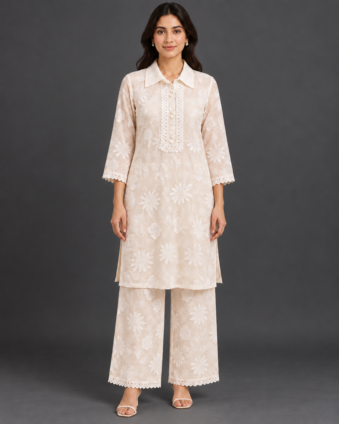 Ivory Floral Embroidered Kurti Pant Set