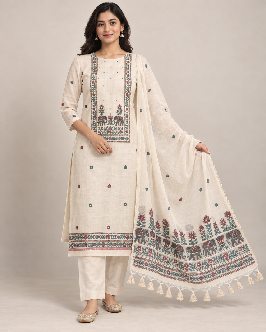 Ivory Elephant & Floral Motif Unstitched Suit Fabric with Dupatta