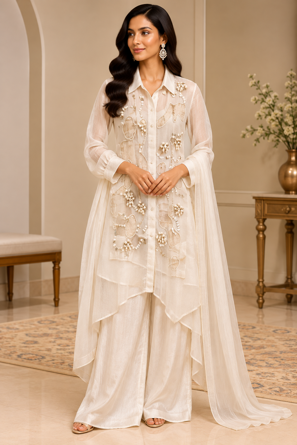 Ivory Floral Embroidered Designer Palazzo Set
